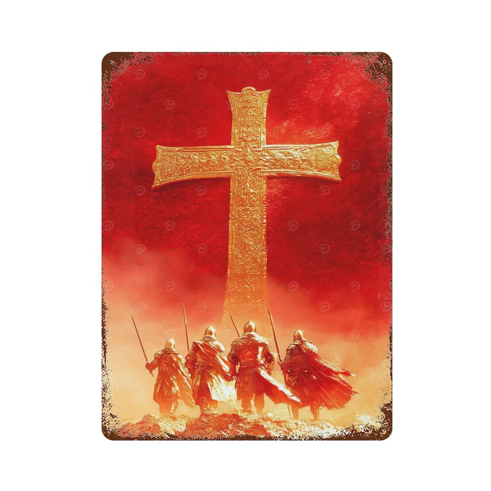 Golden Cross Knights Weathered Tin Sign 15.7"x11.8", Novelty Wall Decor for Garage, Pub Or Kitchen