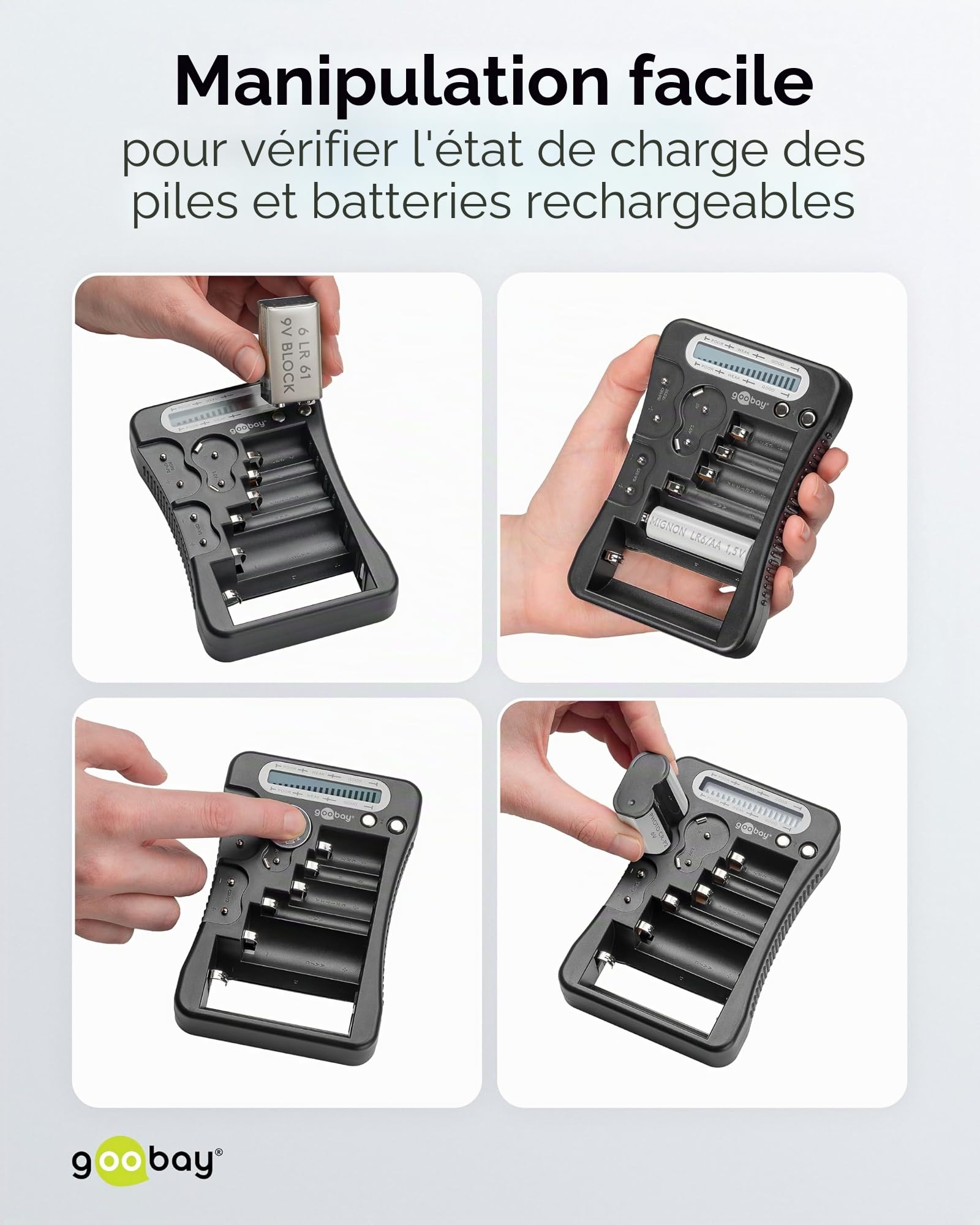 Testeur de pile LCD pour piles rechargeables et non rechargeables (AA, AAA, 9 V, C, D, CR2032, 72511)