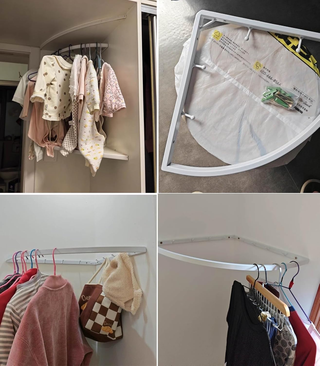 Closet Rod Shower Clothes Drying Rack Small Space, Corner Closet Rods Brackets for Hanging Clothes, Entrance Coat Garment Organizer Pole with Hooks(White,30cm(11 3/4"))