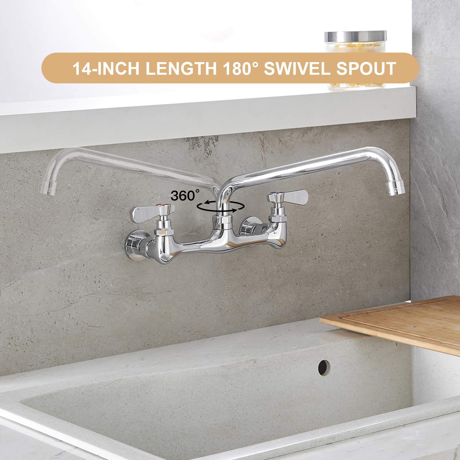 Regency Wall Mount Commercial Sink Faucet – 2 Pack – 8" Centers, 12" Swing Spout – Chrome/Copper