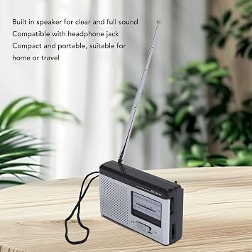 Portable Radio, Lightweight ABS FM AM Radio with Built in Speaker and Headphone Jack, for Home Travel Outdoor Use (Silver Black)