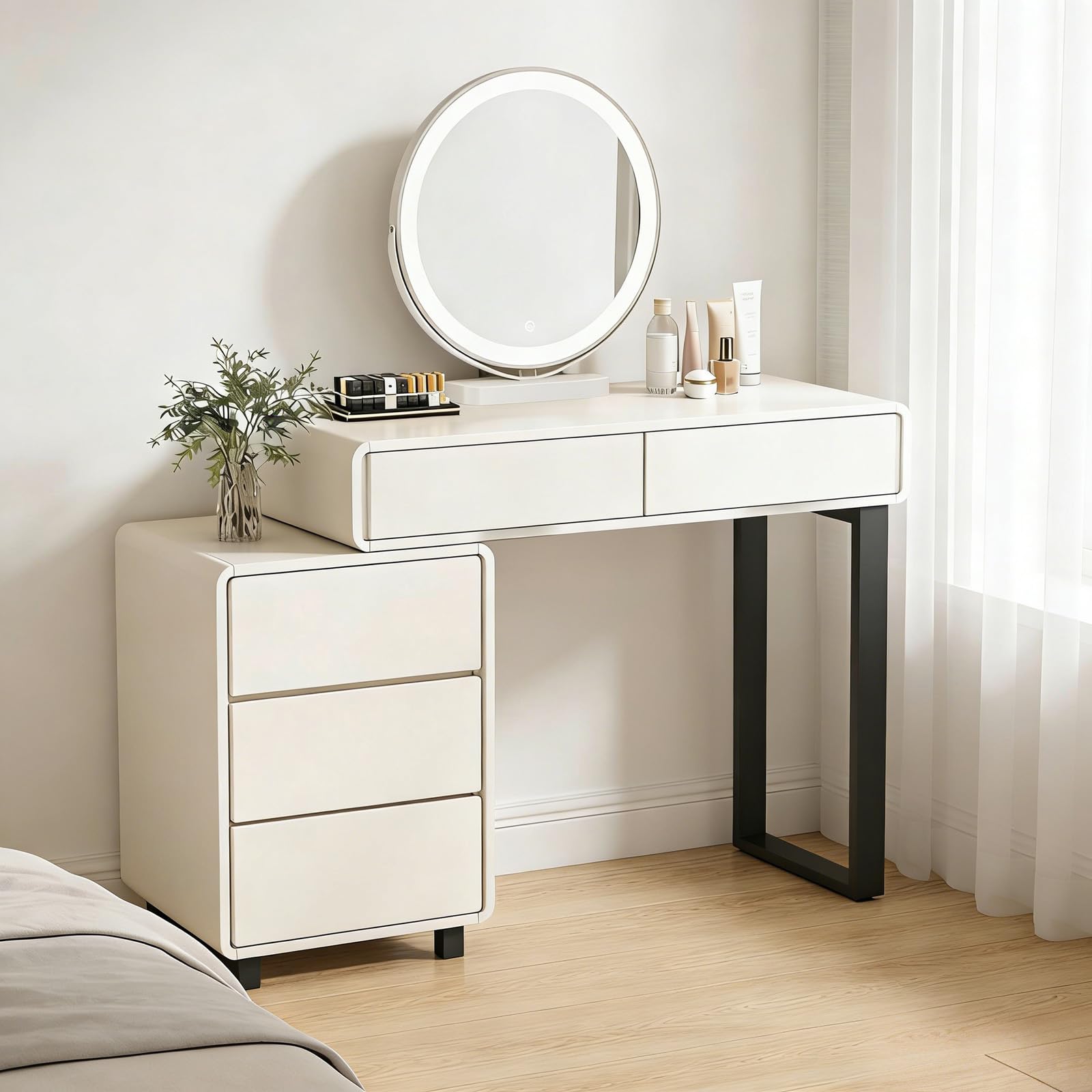 MJKCBD Dressing Table with 3-Color Lights LED Mirror, Reversible Sideboard