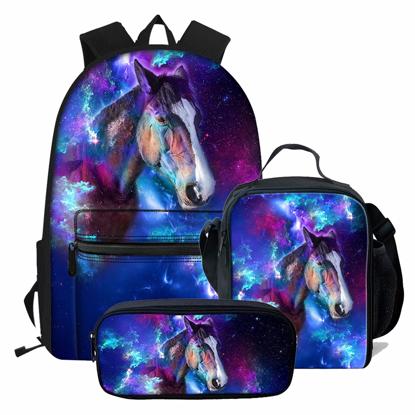 Mochila escolar Satchel 3 Set Large Cool para niños Niños Niños Mochila informal de viaje personalizada + Estuche para lápices + Bolsa de almuerzo, Galaxy Horse, Mochila para niños