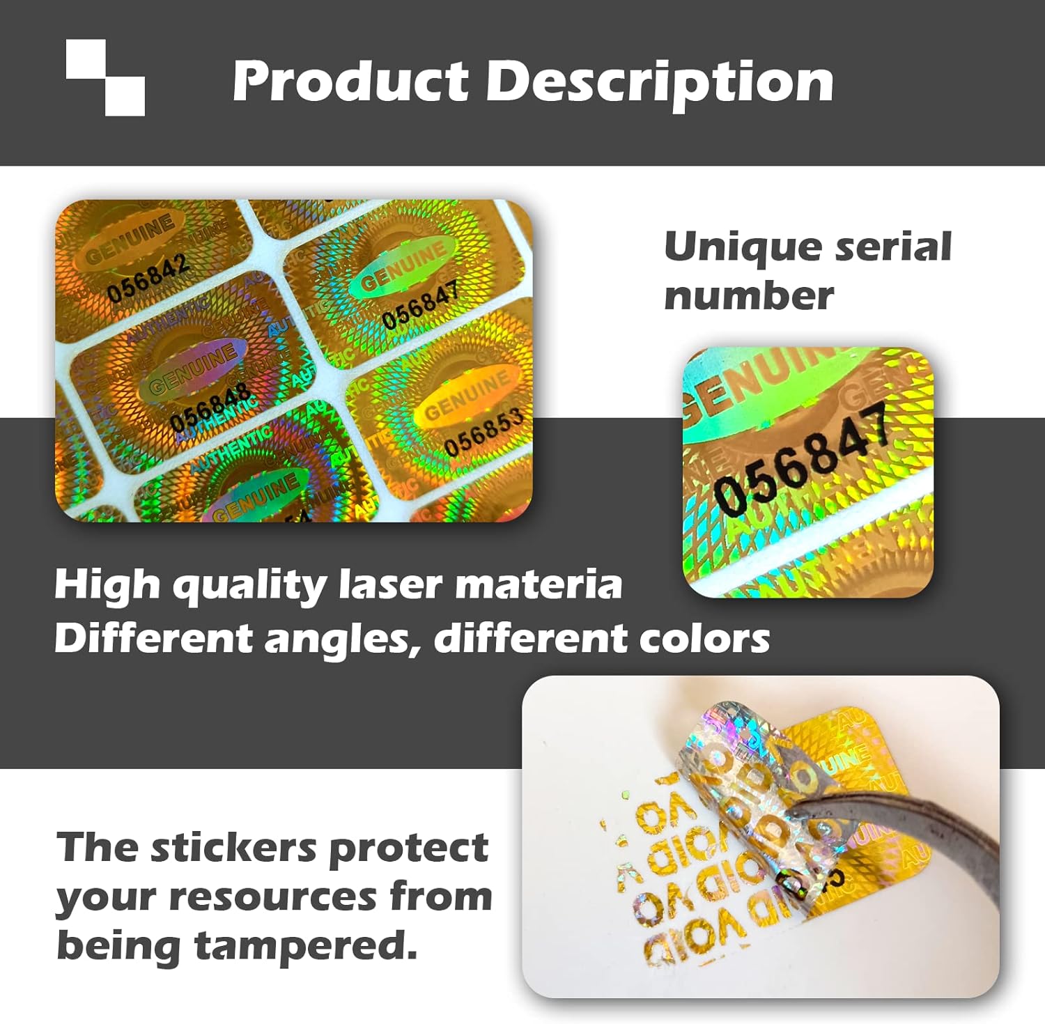 1200pcs Gold Tamper Proof Hologram Stickers Warranty Void Seal Security Original Labels with Numbers(1x0.6inch)