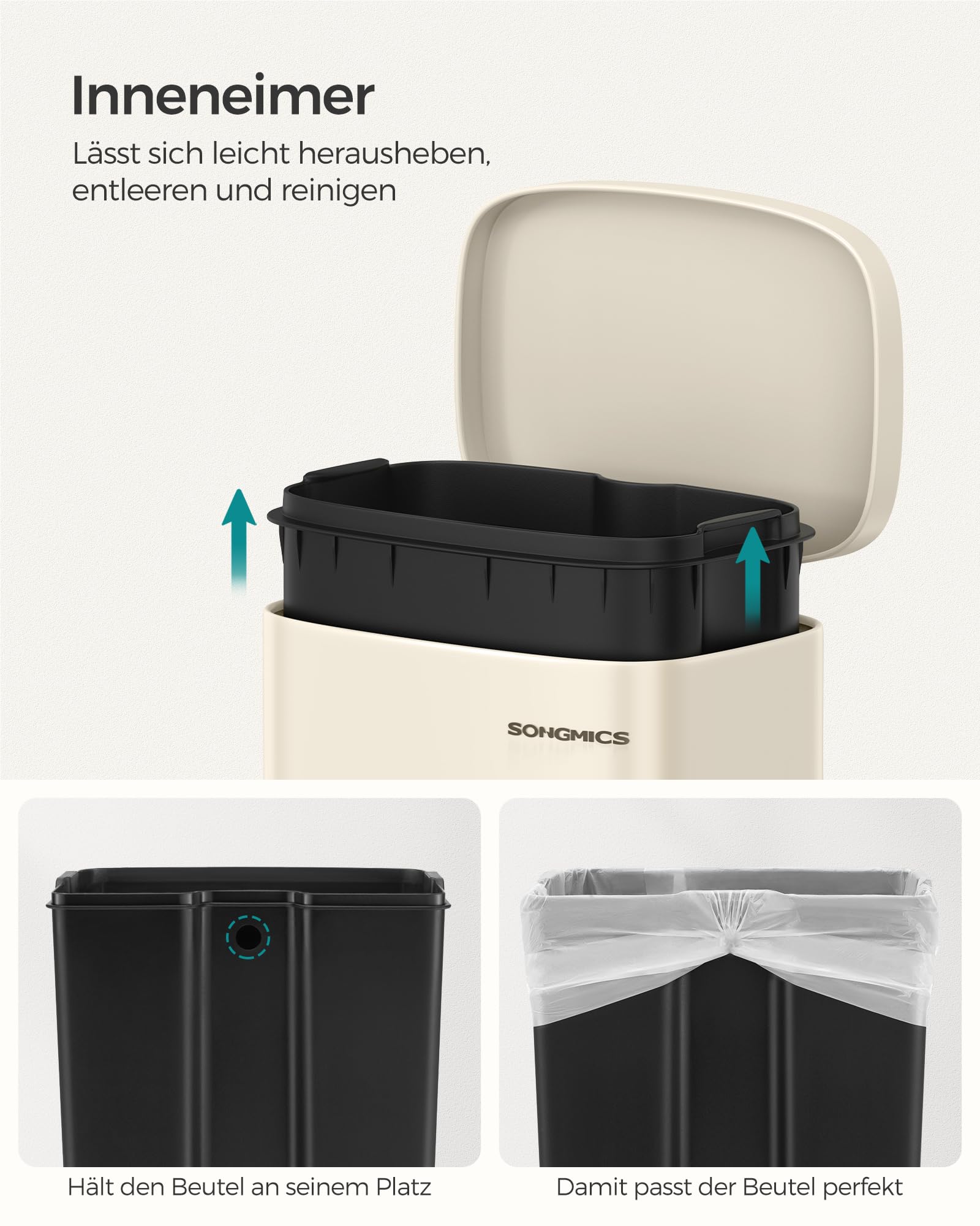 SONGMICS Mülleimer Küche 30 Liter Treteimer Softclose Stahl sandbeige LTB03A02