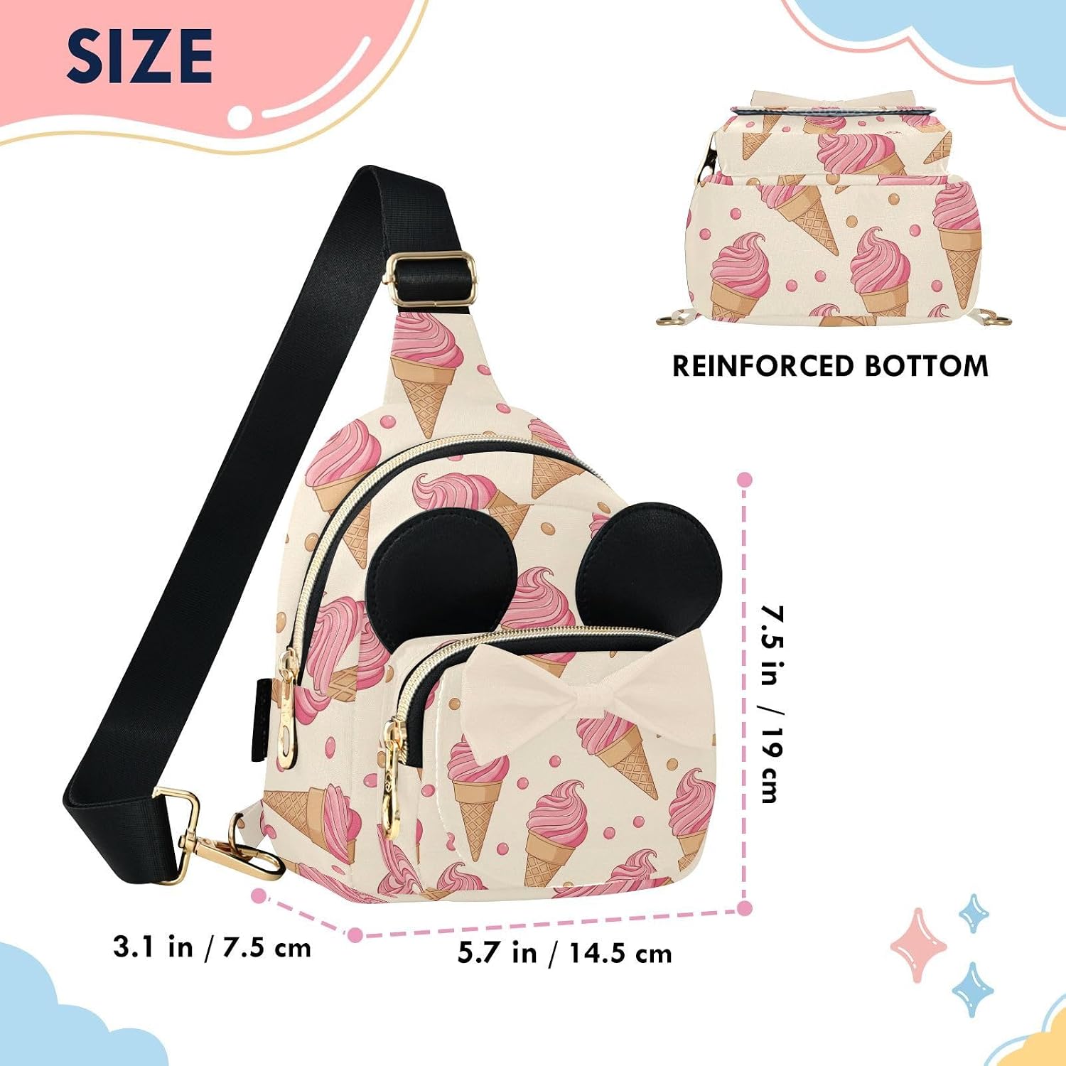 Sinestour Ice Cream Kids Crossbody Bags for Girls, 5.7x3.1x7.5 Inches | Crossbody Fanny Pack, Toddler Purse, Cute Sling Belt Bag with Ears, 2L Small Shoulder Chest Bag for Travel
