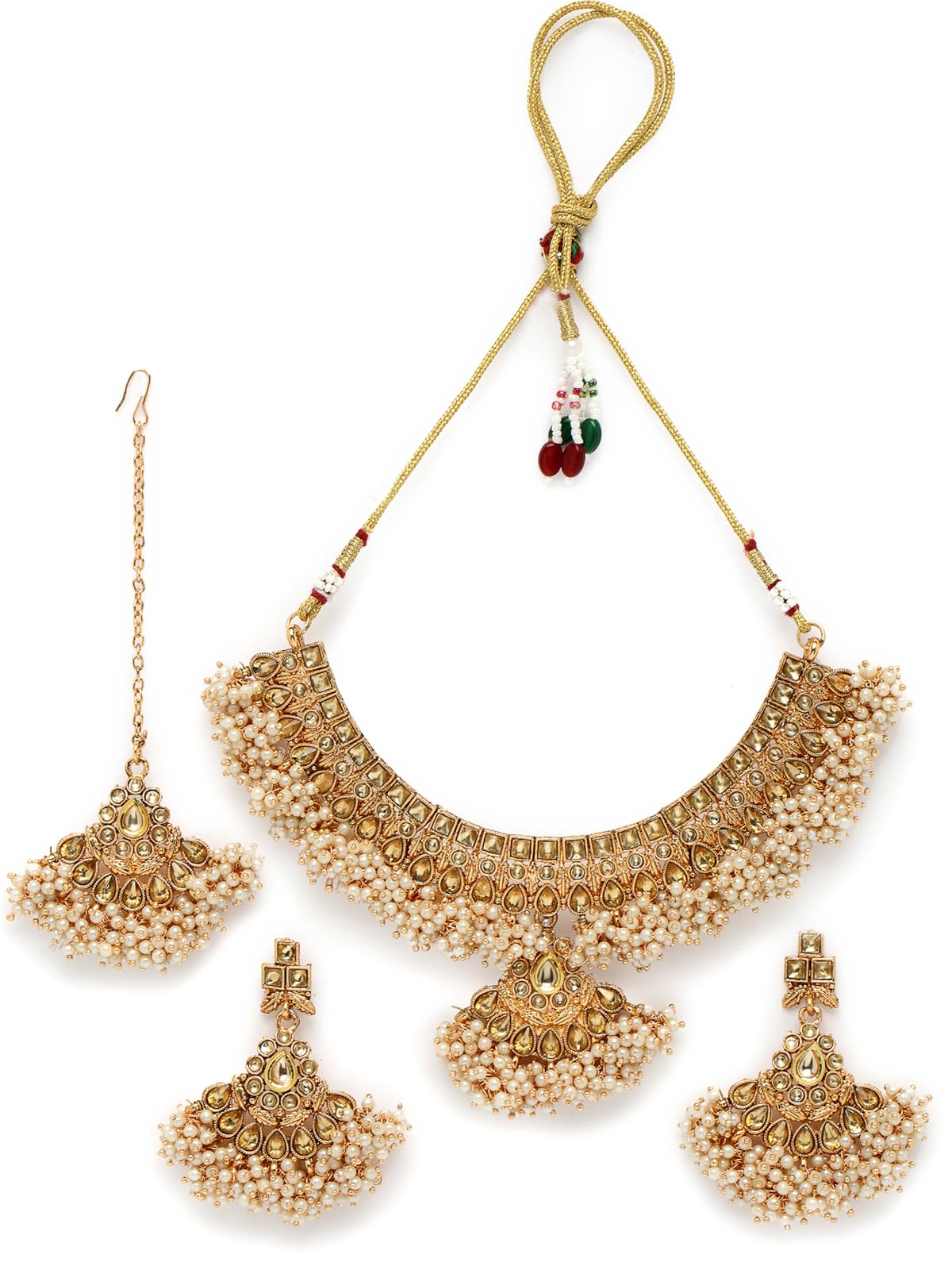 Ethnic Gold Plated Gold Kundan & Beads Copper Collar Bone Necklace Set With Earring And Maangtika | Jewellery Set For Women (NS105720)-image-34