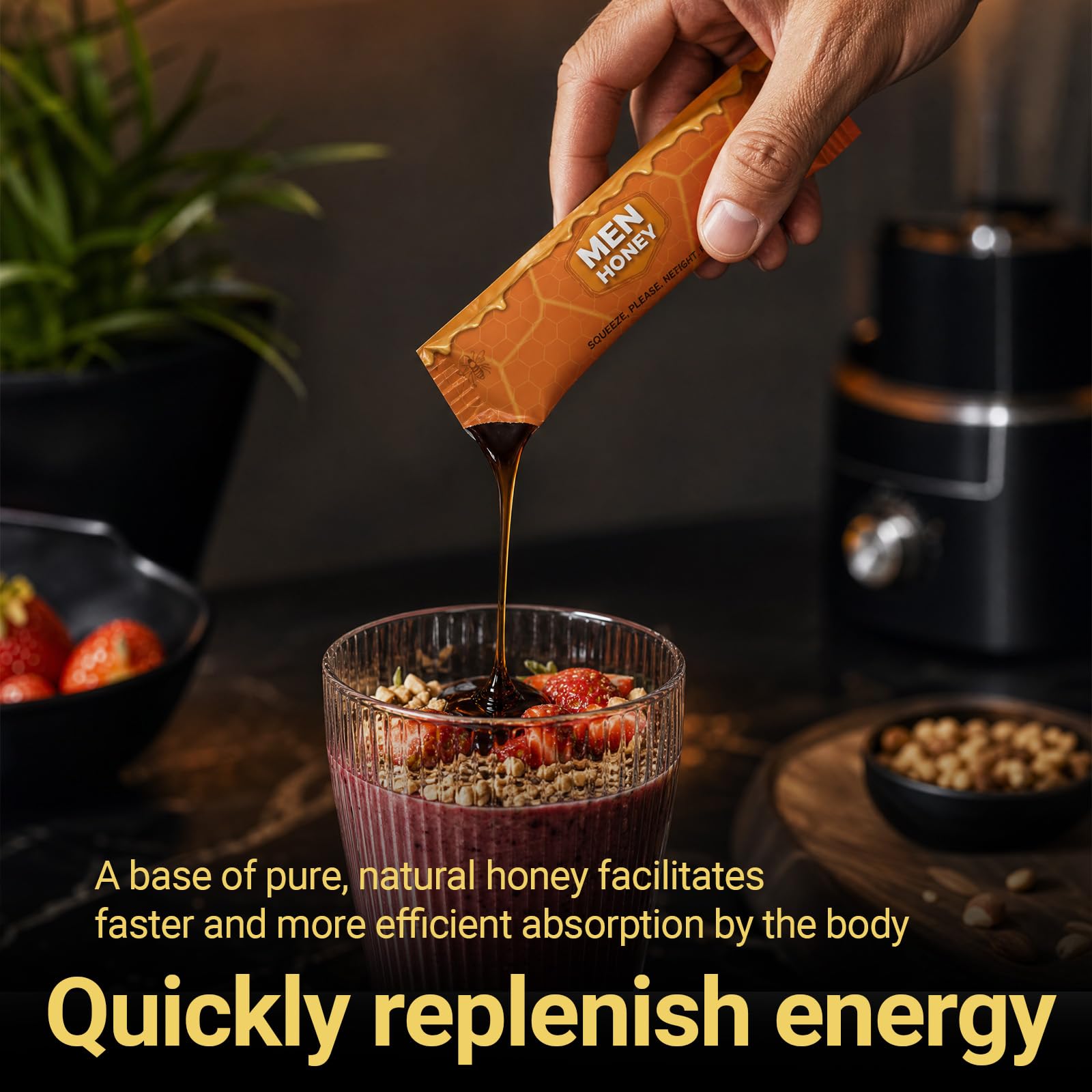 Männer Honig Sachets |Premium Kräuterhonig für aktive Männer | Natürlicher Honig mit Maca,Gelee Royale, Ginseng,L-Arginin & Zink - 24 x 10g Einzelpackungen - 240g