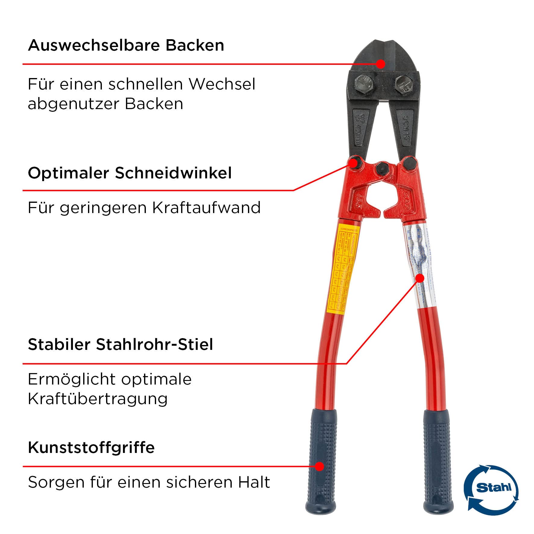 kwb Bolzenschneider in 750 mm, mit auswechselbaren Backen, stabiler Stahlrohr-Stiel mit Kunststoffgriff, hohe Schneidleistung und Zangenöffnung von maximal Ø 8 mm
