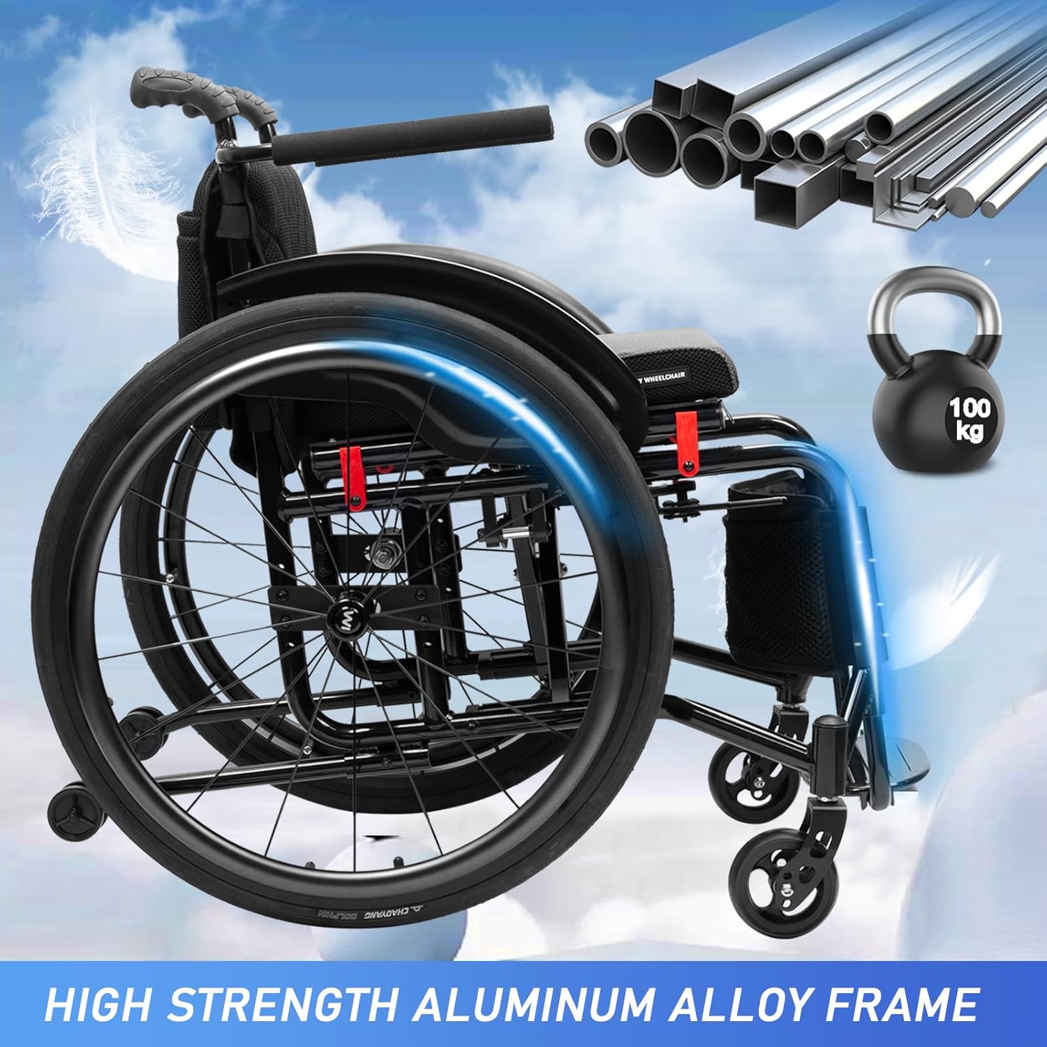 折りたたみ式車椅子軽量ポータブル、ハンドブレーキをロックした自走式