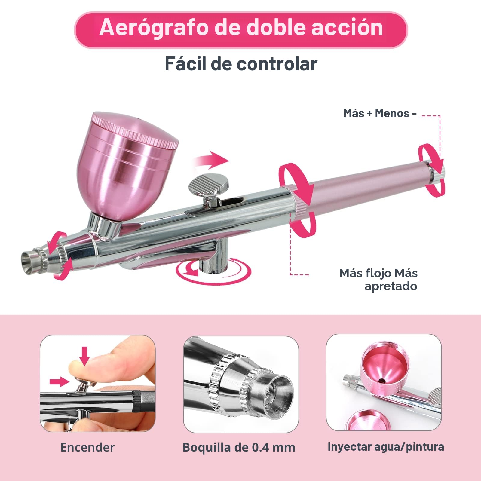 Kit de Aerógrafo con Compresor de Aire, Pistola de Cepillo de Aire Mejorada de 7.4V 34PSI Recargable Portátil Inalámbrico con Boquilla de 0,4 mm para Pintura, Arte de Uñas, Tatuaje (Rosa)