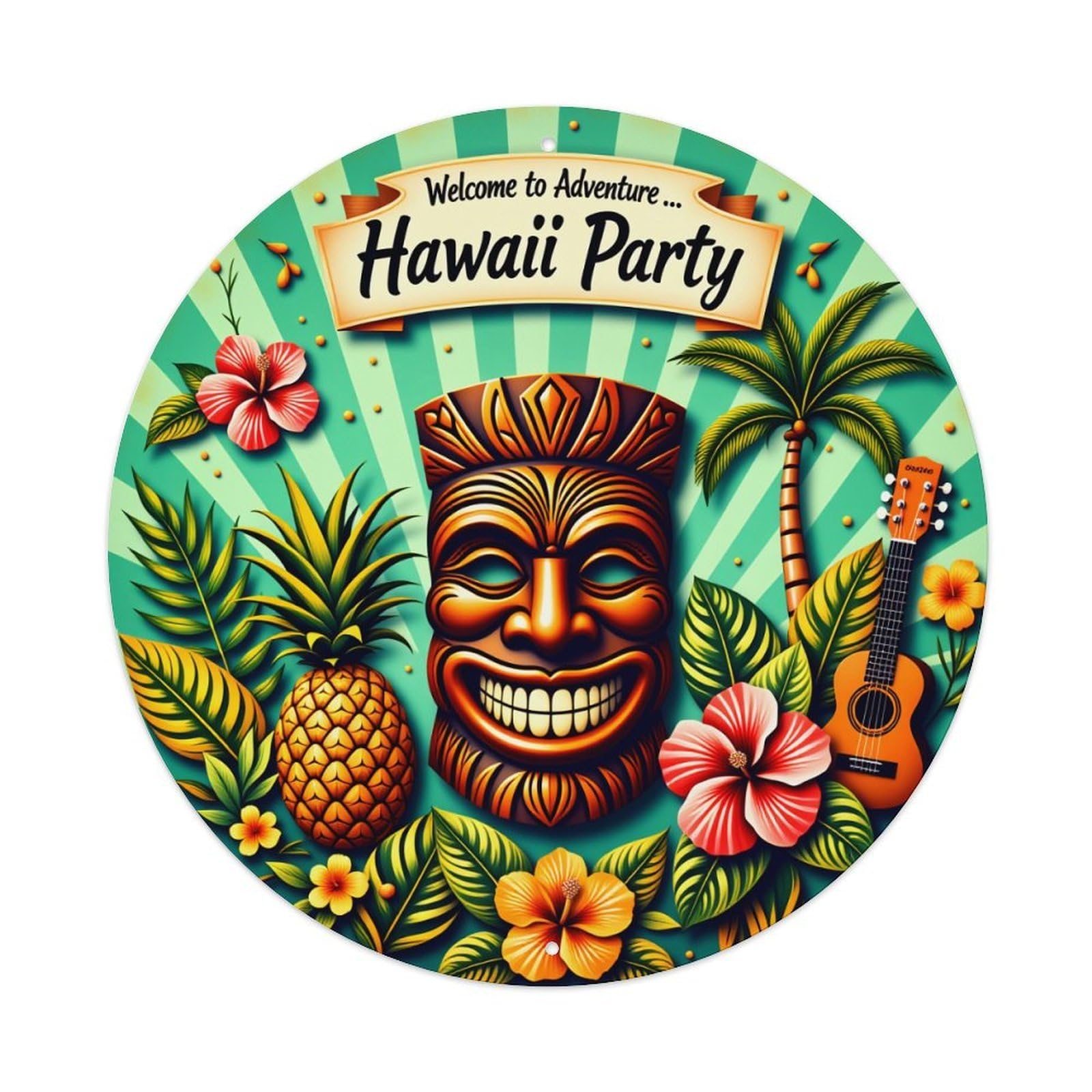 Tiki Mask Pineapple Flowers Guitar Vintage Metal Tin Sign Retro Wall Decor for Home Bar Garage Cafe, Indoor & Outdoor Decorative，circle Metal Poster, 8x8 Inch