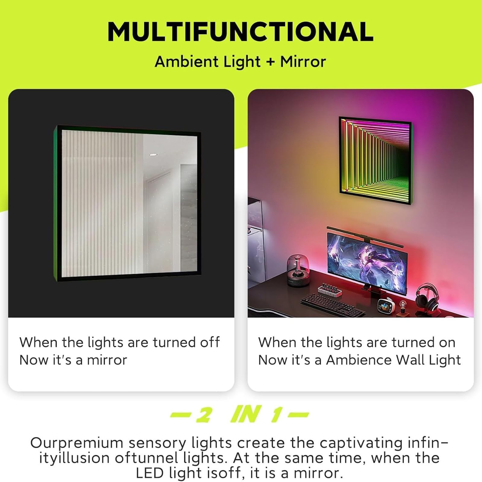 Lampa tunelowa Infinity z lustrem, 40 cm, LED, lampka nocna 3D, do domu i biurka, dekoracja sensoryczna do salonu i na imprezy