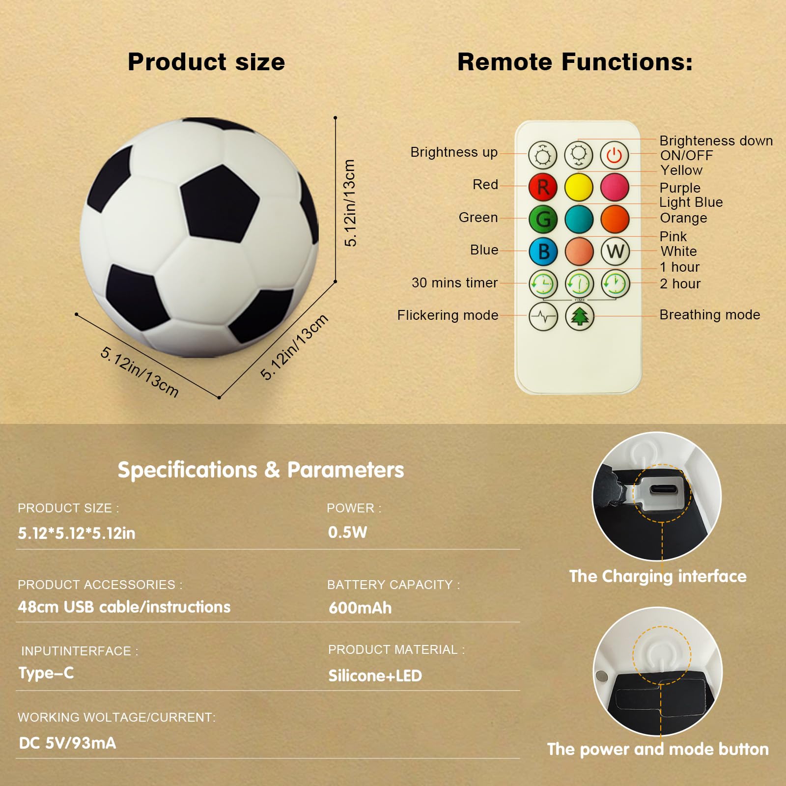 Luce notturna in silicone a forma di calcio, piccola lampada ricaricabile dimmerabile con tocco morbido, morbida lampada da comodino, graziosa decorazione per la stanza dei bambini