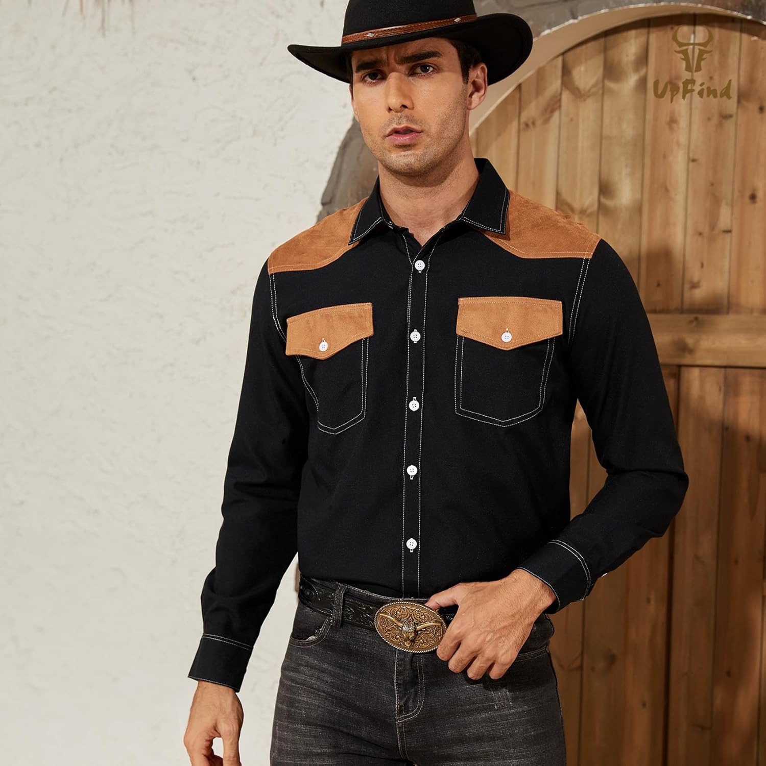 Men's Western Cowboy Shirt Long Sleeve Cotton Slim Fit Casual Button Down Shirts with Pockets - Image 2