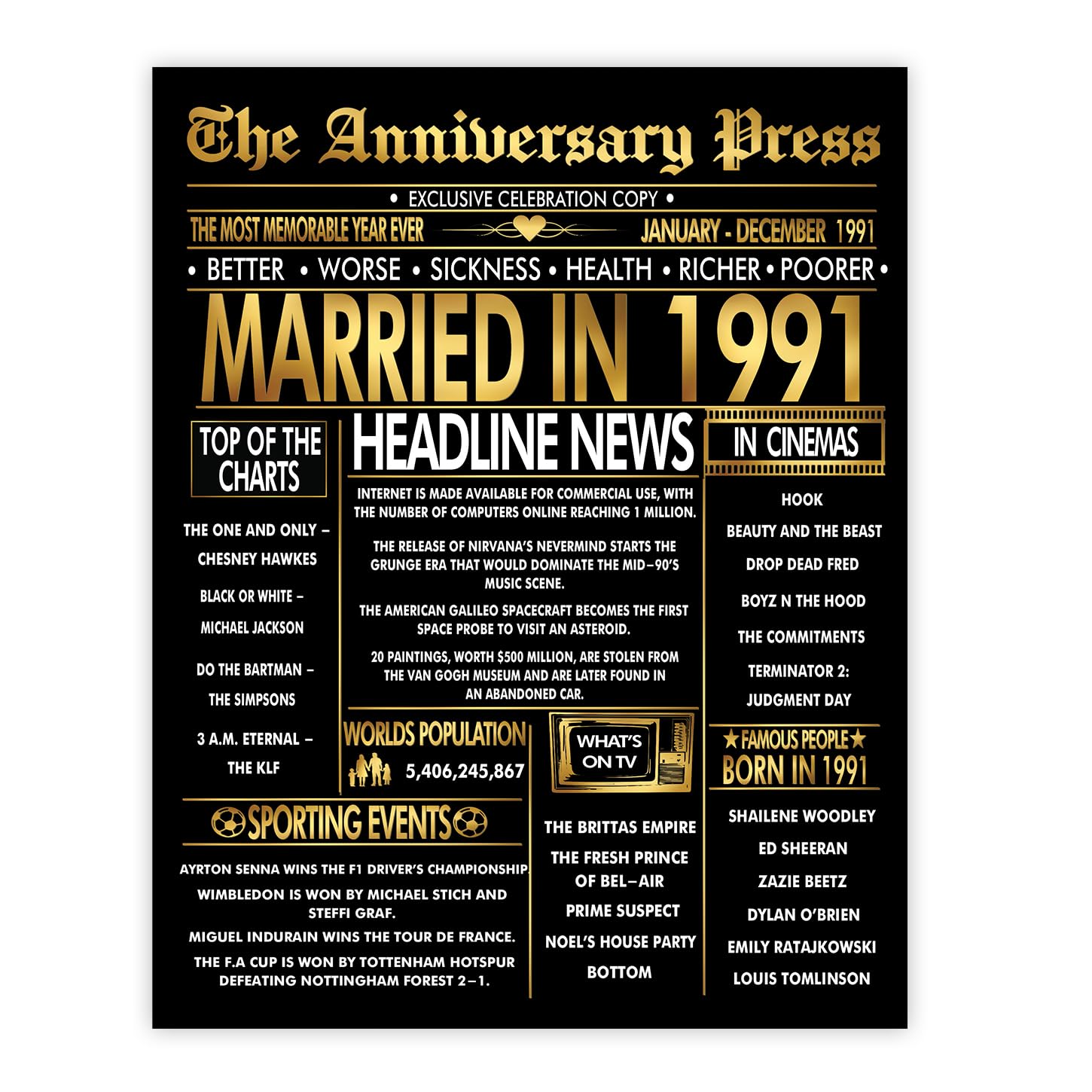 Stuff4 Men's 1991 Gold 35Th Anniversary Poster Unframed - Golden Married In Newspaper - 35 Wedding Anniversary For Wo Vintage Gifts Back In 8X10 Inch Anniversaries Posters