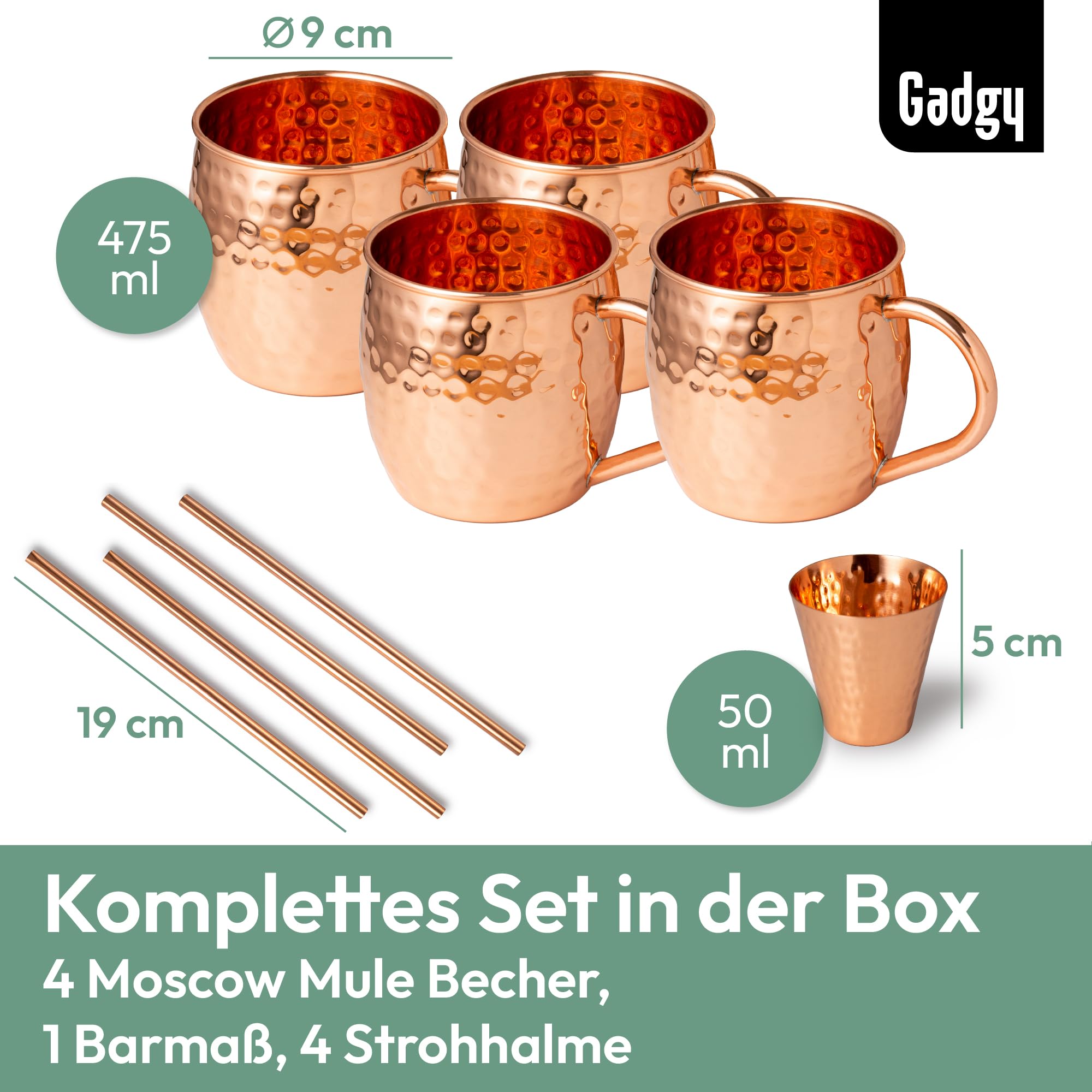 Gadgy Moscow Mule Becher Set – 4 Kupferbecher handgemacht – Cocktailbecher Set mit 4 Strohhalmen & Barmaß – 100% Kupfer – Geschenkset für Cocktail Liebhaber