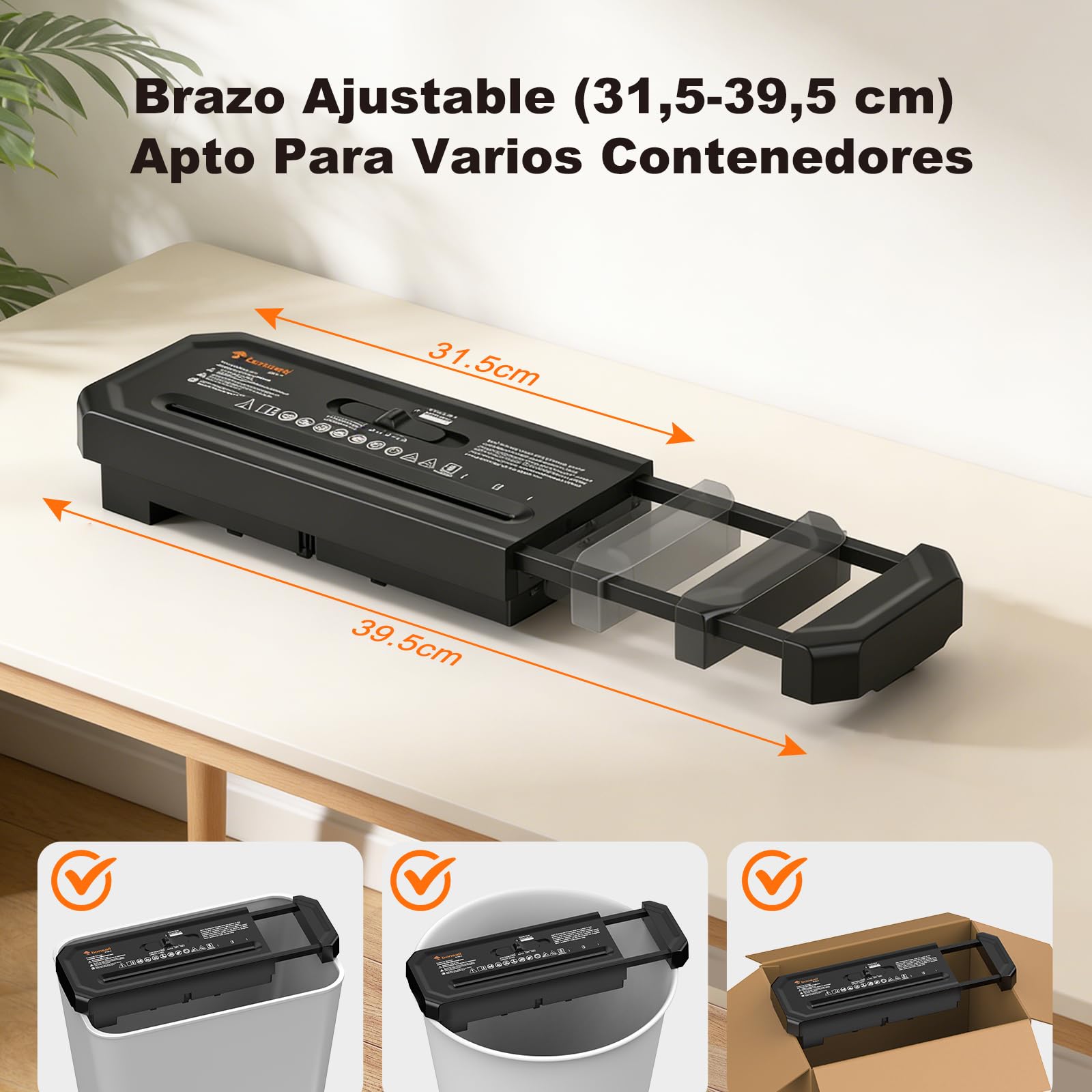 Bonsaii Destructora de Papel de 6 Hojas con Corte en Tiras para Oficina en casa, con función de triturar tarjetas de crédito, adecuada para cestos de basura de 315 a 395 mm, con Papelera de 7L, S125-B