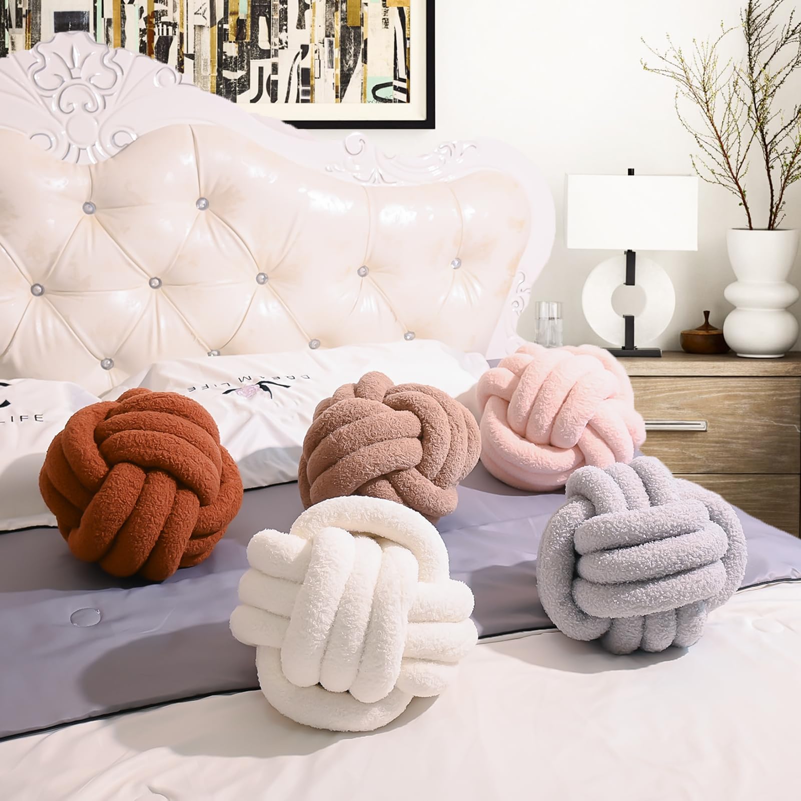 Knotenkissen, Dekokissen Beige Weiß, Zierkissen Aesthetic Sofakissen aus Teddysamt, Bett Deko Kissen Runden für Kind Schlafzimmer, Geschenk 22 cm