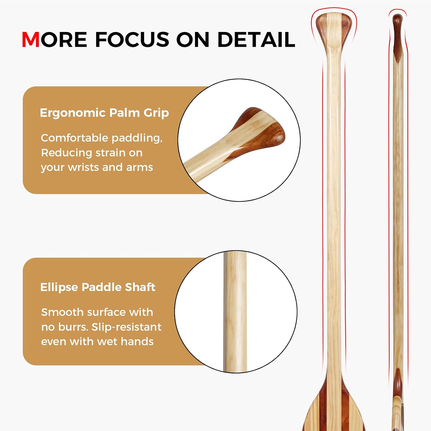 Wooden Canoe Paddle, Ergonomic Palm Grip and Anti-Collision Edge Wood Canoe Boat Paddle, 2.5 FT/4.0 FT/4.8 FT