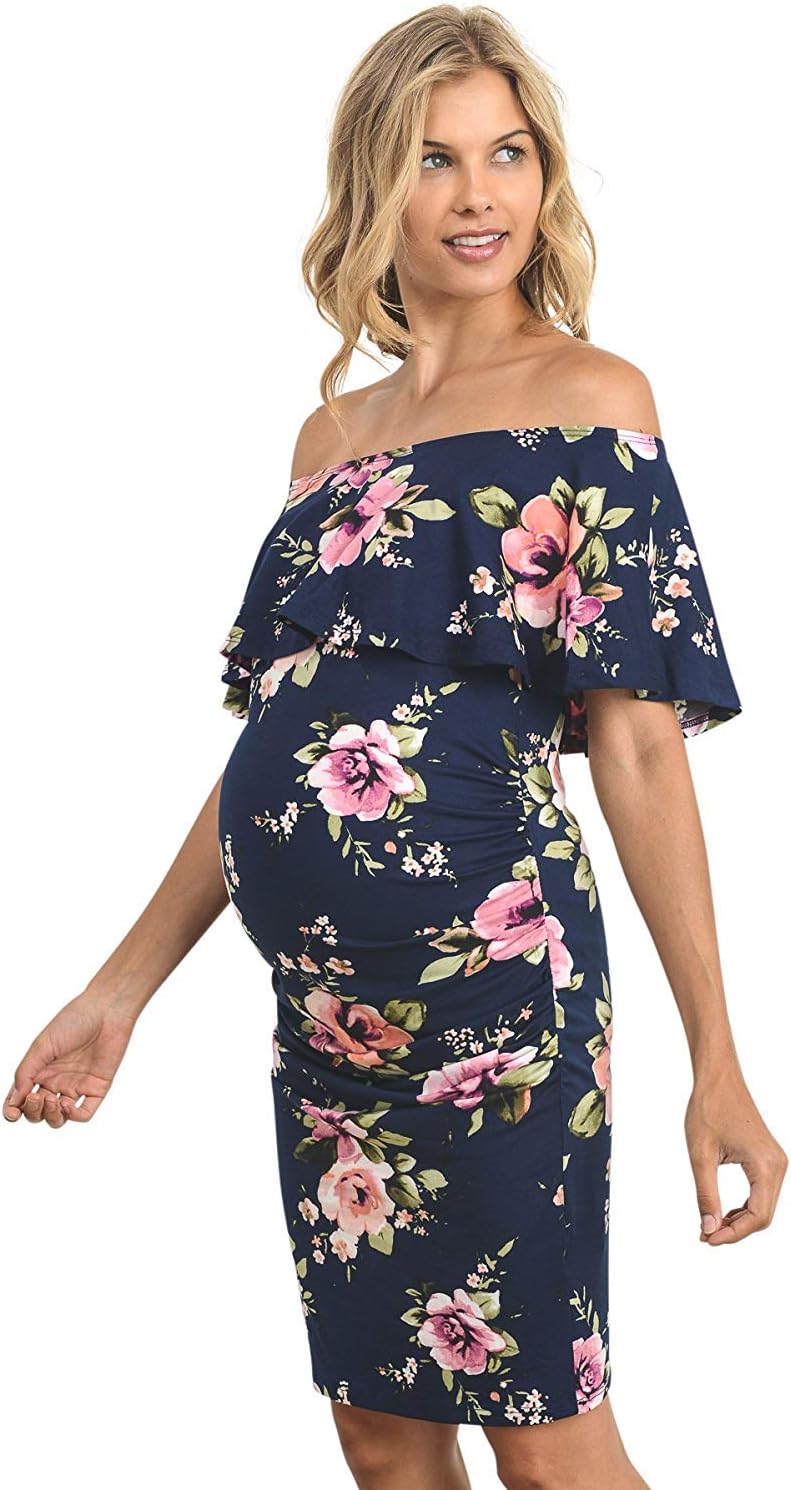 Hello MIZ Women's Floral Ruffle Off Shoulder Maternity Dress - Made in USA