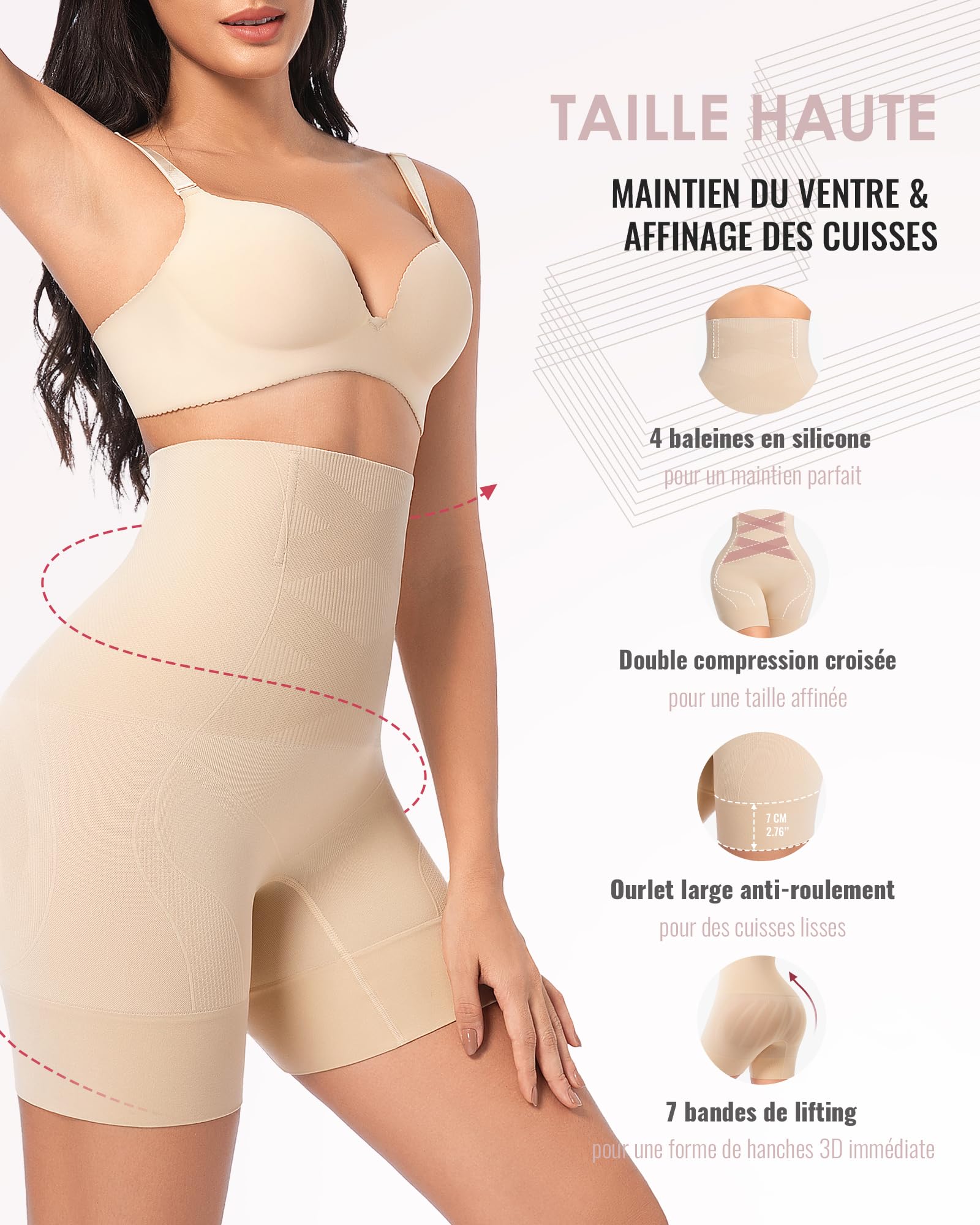 YADIFEN Culotte Gainante Femme Taille Haute, Shapewear Amincissante à Double Couche, Contrôle Fort du Ventre, sous-vêtements Sculptants Respirants, Shorty Gainant (Beige, XL)