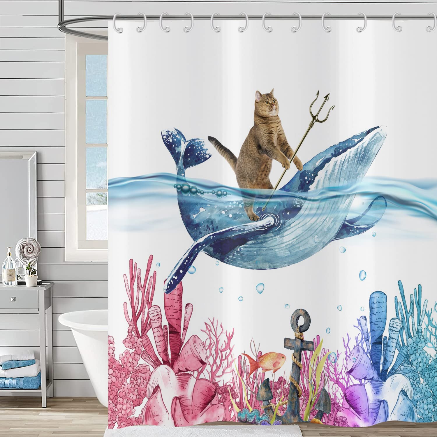 Hnmdmyi Funny Cat Shower Curtain 90x180, Cute Kitten Riding Whale Shower Curtains Ocean Coral Seaweed Tropical Fish Kids Children Bathroom Curtains Waterproof Polyester Fabric Bath Curtain with Hooks — image 1