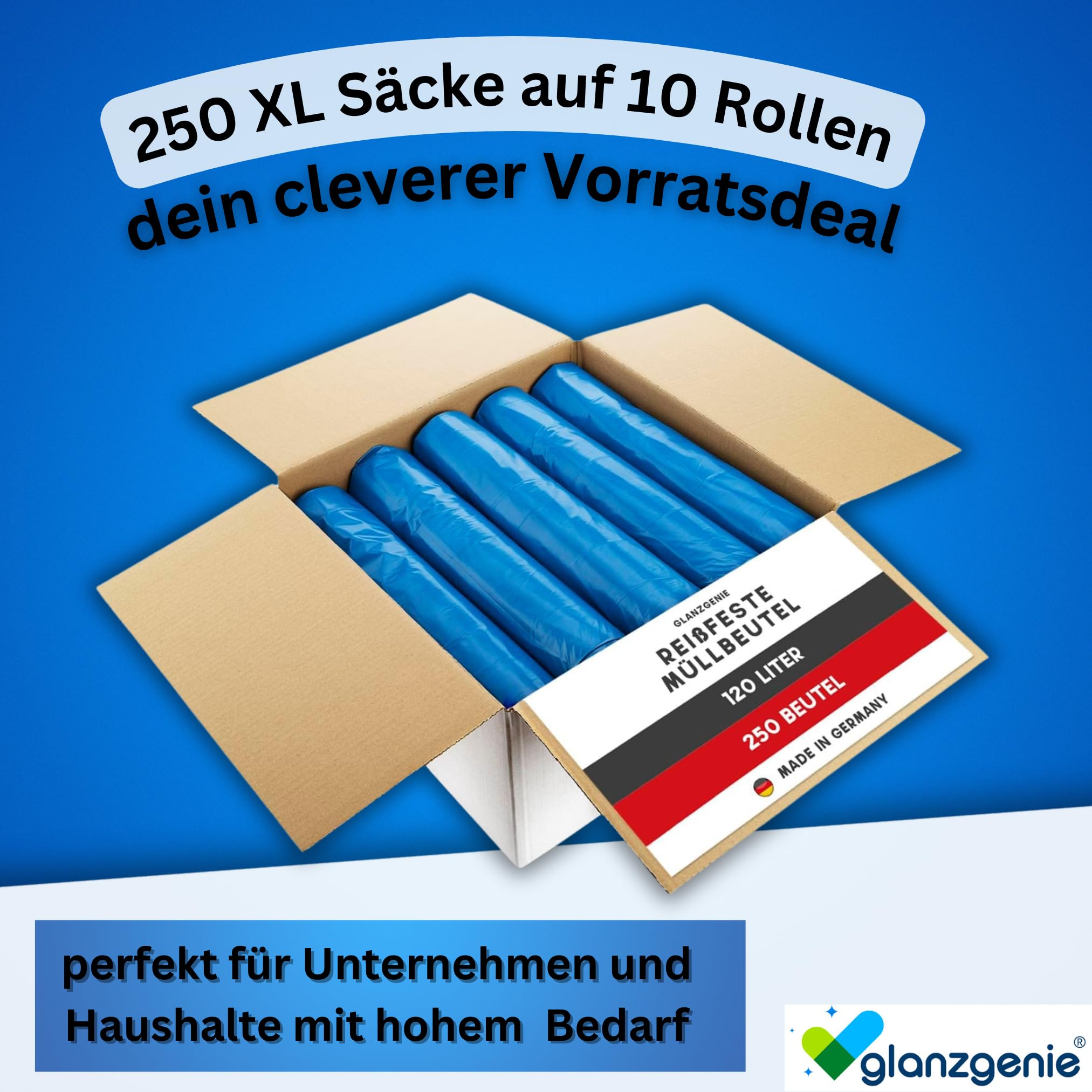 250 Stück reißfeste Müllsäcke 120 L, 42 μm | Typ 70 | 10 Rollen à 25 Stück| XXL Abfallbeutel - 700x1100mm | LPDE, blau | praktische Abfallsäcke leichte bis mittlere Entsorgungsaufgaben