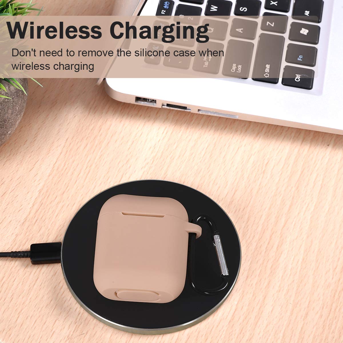 Custodia in Silicone da Appendere Compatiblile con AirPods 2 & 1, Custodia Protettiva per AirPods, Airpods Case Cover LED Anteriore Visibile Moschettone Portachiavi, Beige - 5