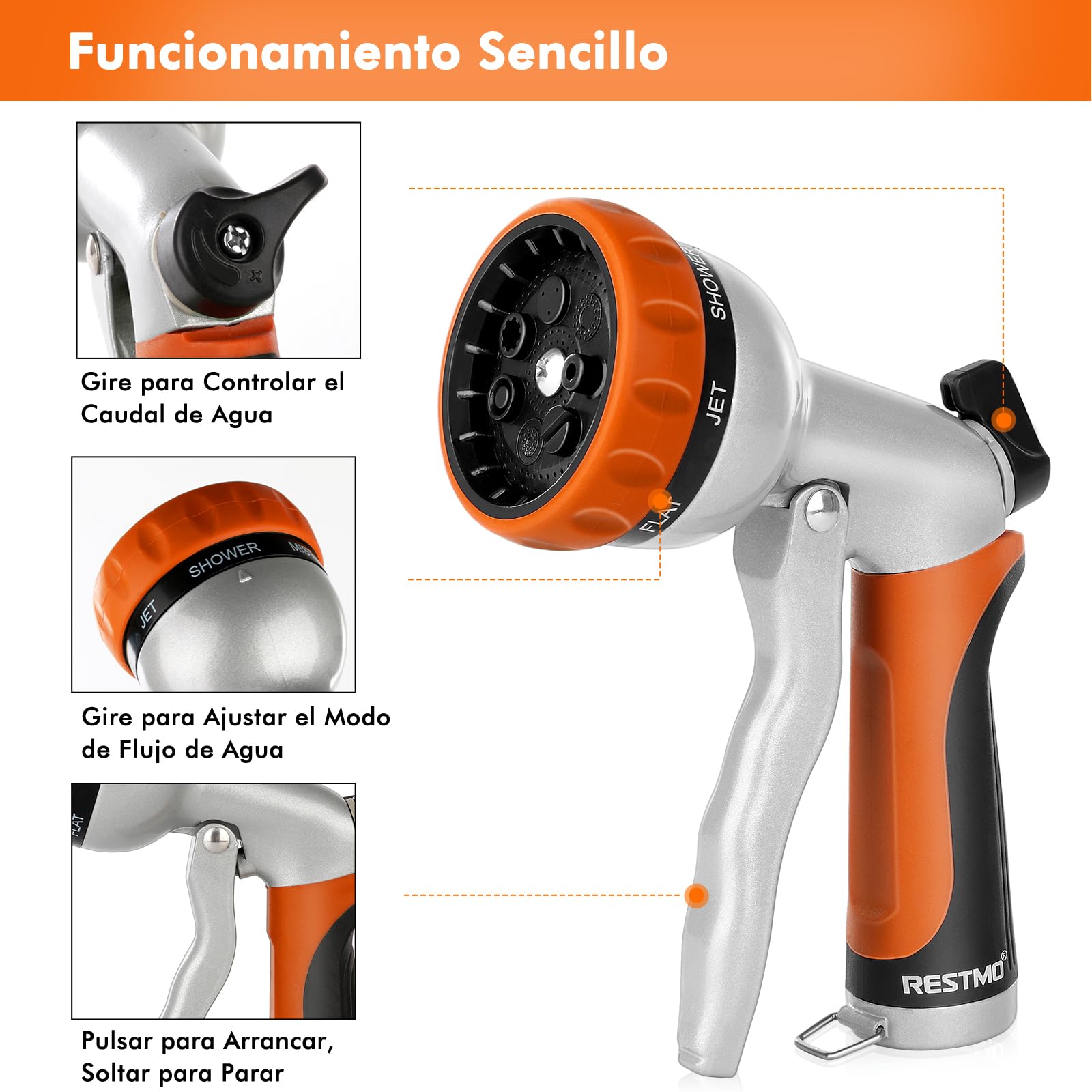 RESTMO Pistola de Riego de Metal, Pistola Manguera Jardín Alta Presión, 7 Modos de Pulverización Ajustable, Ideal para Regar Plantas y Césped, Lavado de Coches y Mascotas, Naranja