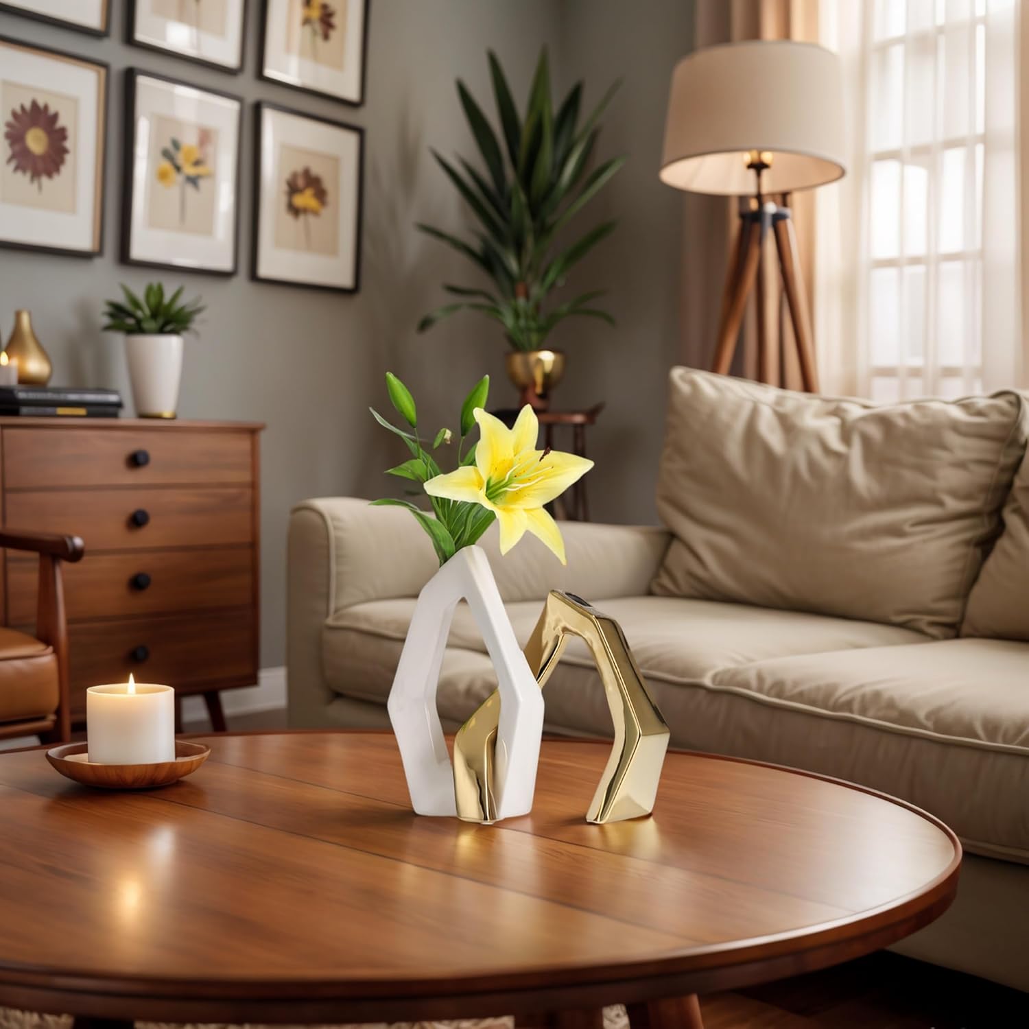 White and Gold Vase Set of 2, Modern Geometric Abstract Ceramic Flower Vase for Centerpieces, TV Stand Decor, Ideal Housewarming or Wedding Gift