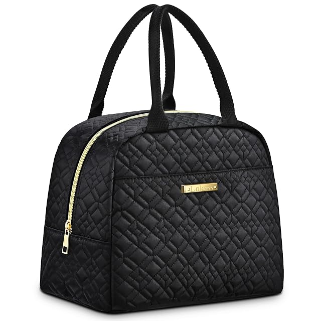 LOKASS Lunch Bag Women Insulated Lunch Box Thermal Lunch Tote Bags for Adults Work Black-Embroidery