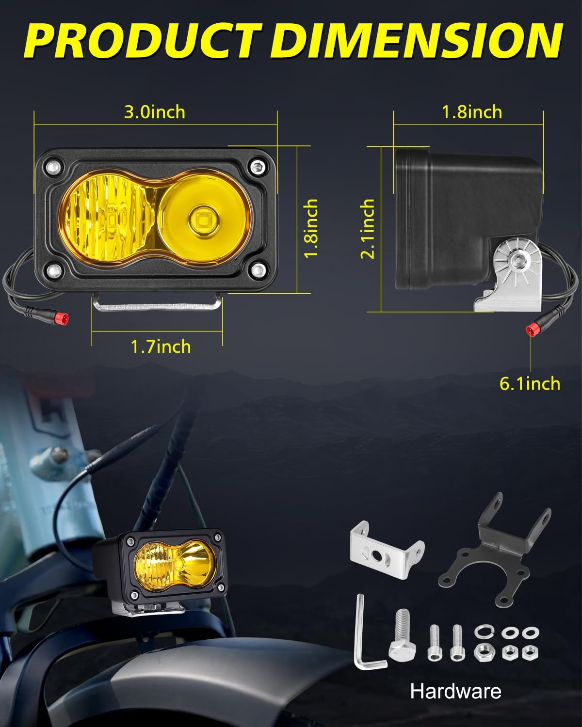 2 Pin Male Yellow Headlight for Rad Power Bikes Vamoose Mammoth | High Intensity CREE LEDs, Spot Flood Combo Beam, 3000K Yellow 20W Waterproof E-Bike Light, Check Connector Before Purchase.