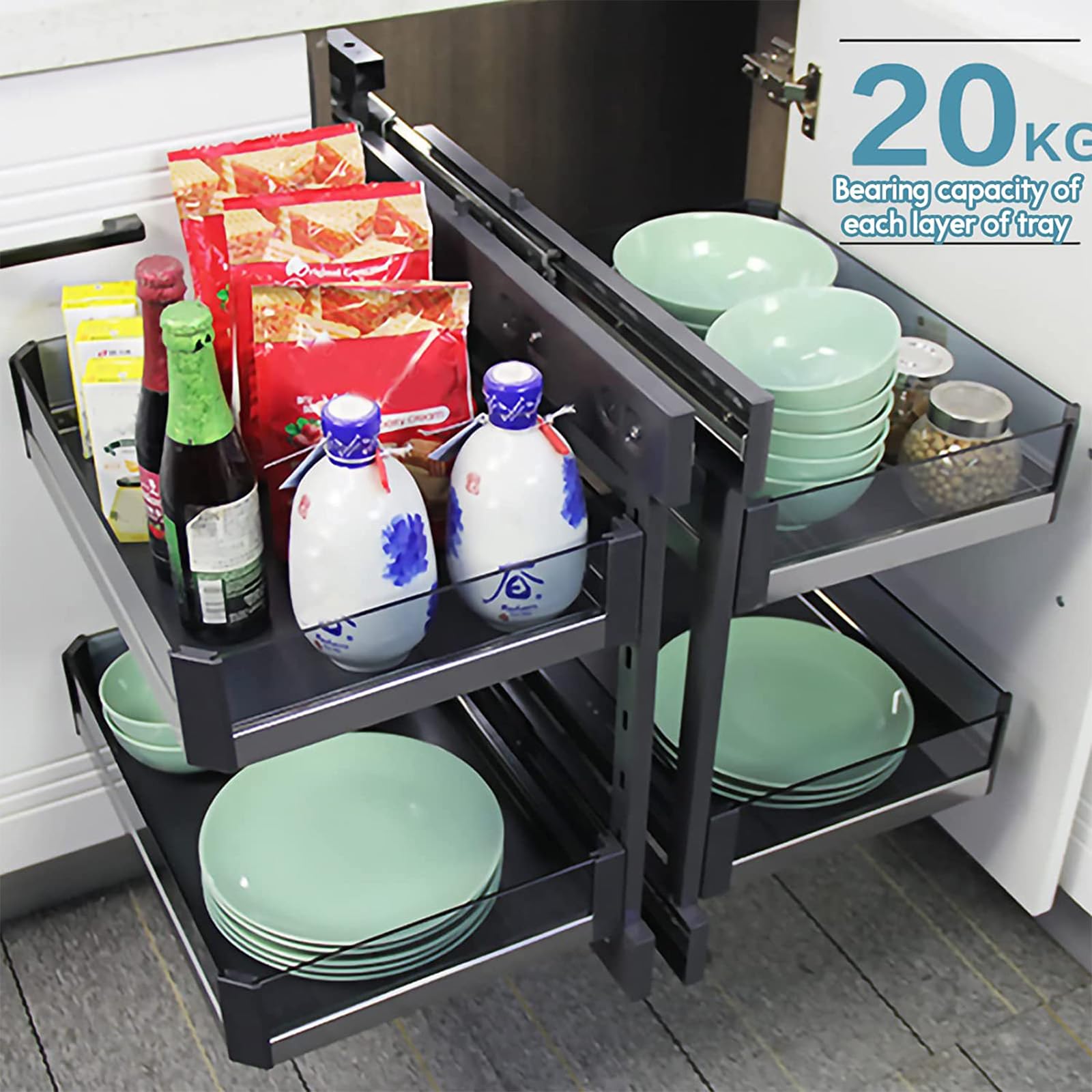 Szuflada do kuchni Organizator do szafek kuchennych Półka narożna Aluminiowa obrotowa półka przechowywania, 4 kosze aluminiowe Optymalizator narożników Całkowicie wysuwany, A(A)