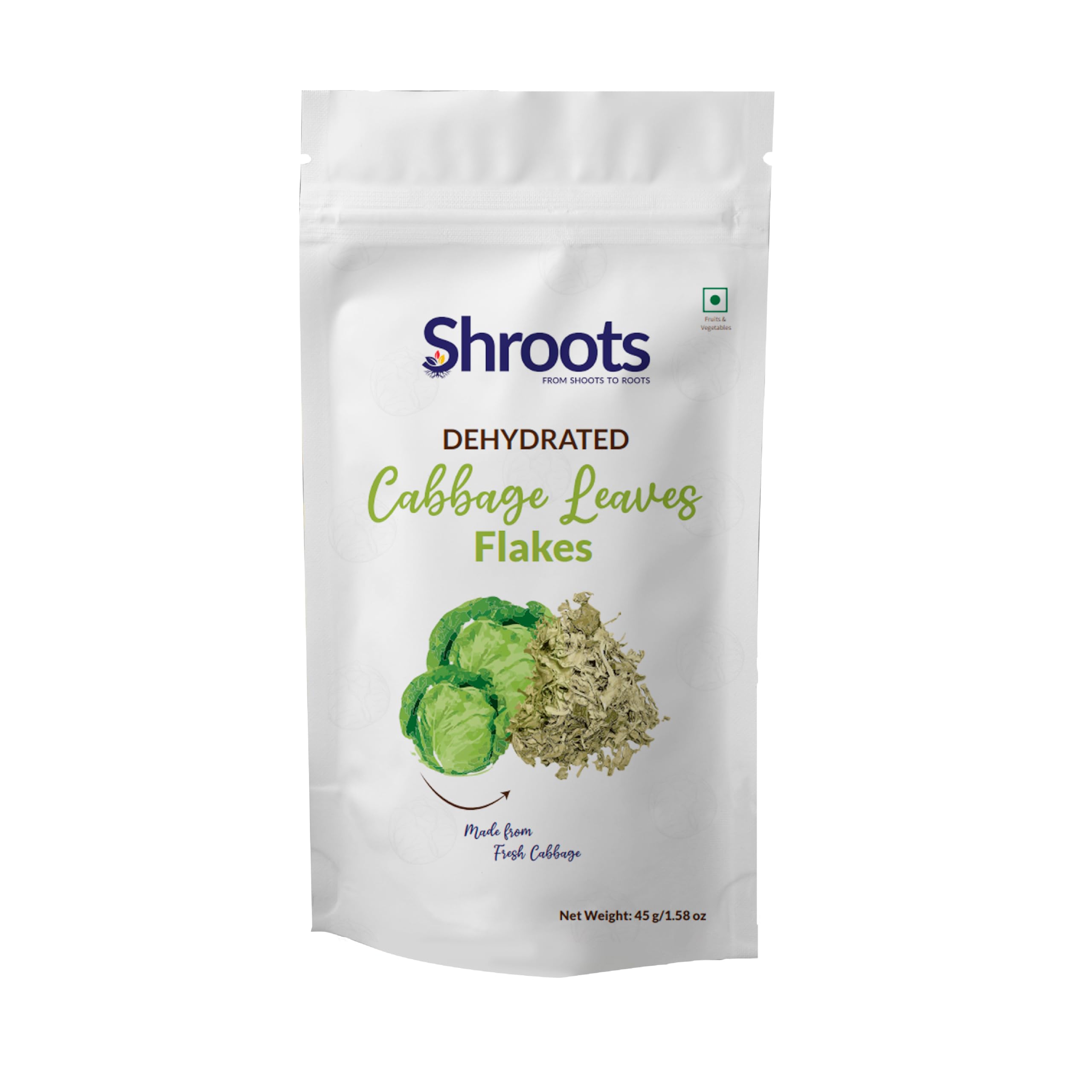 SHROOTS Dehydrated Cabbage Leaves Flakes | 100% Natural & Pure Vegetarian | Machine-Dried for Maximum Freshness | No Preservatives, Nutrient-Rich & Aromatic | Ideal for Cooking, Soups, Curries & Seasoning | 45g Each (Pack of 1)