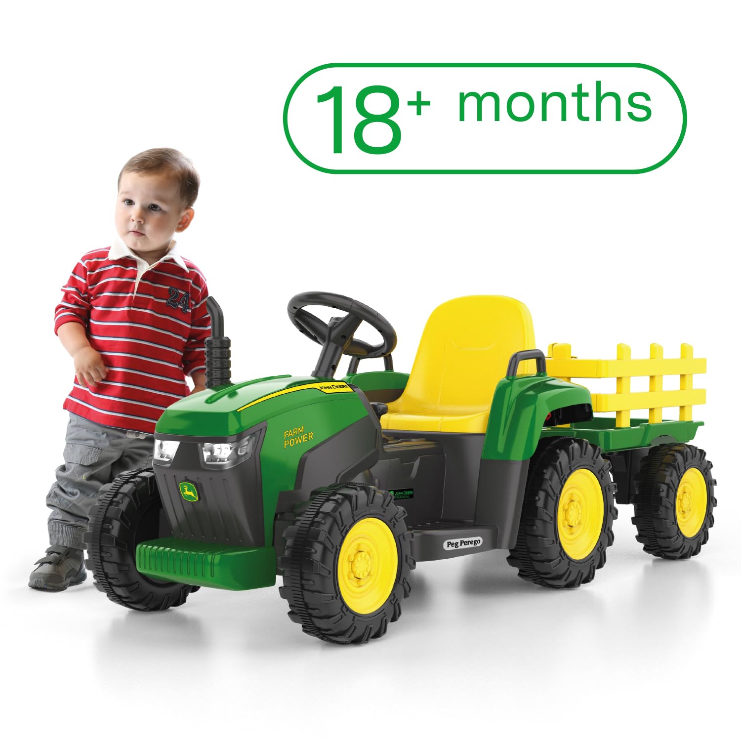 Peg Perego John Deere Farm Power 12 Volt Tracteur de ferme à pédales et remorque avec télécommande