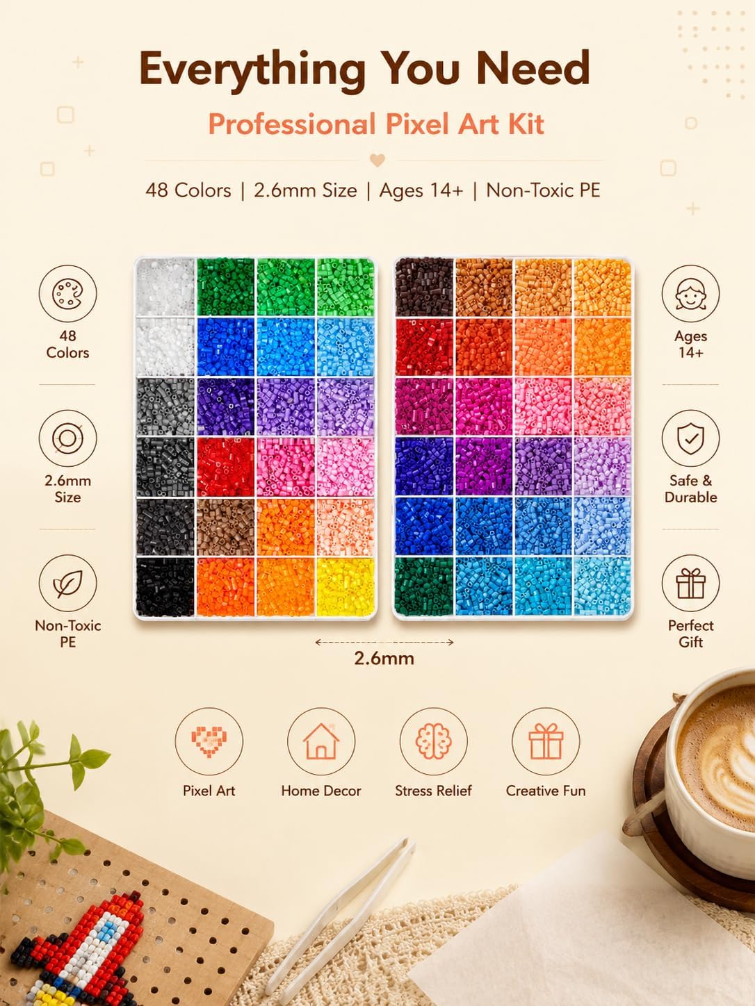 Mini Fuse Beads Kit, 17,200 pcs 2.6mm in 48 Colors with Pegboards, Ironing Paper, Tweezers & Tray, Ages 14+