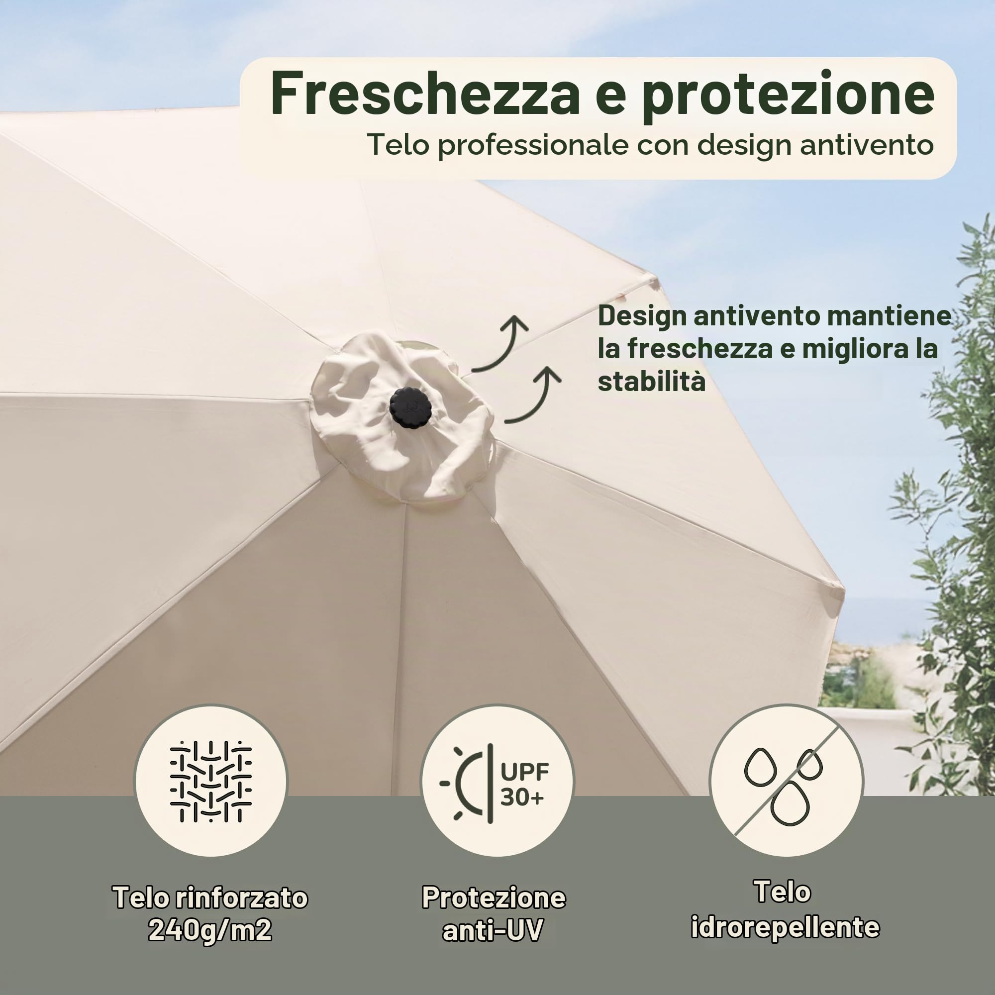 JJ. Juanito - Ombrellone dritto rotondo inclinabile, diametro 300 cm, apertura manovella, tela di qualità professionale, resistente ai raggi UV 240 g/m2, lavabile in lavatrice, resistente al vento