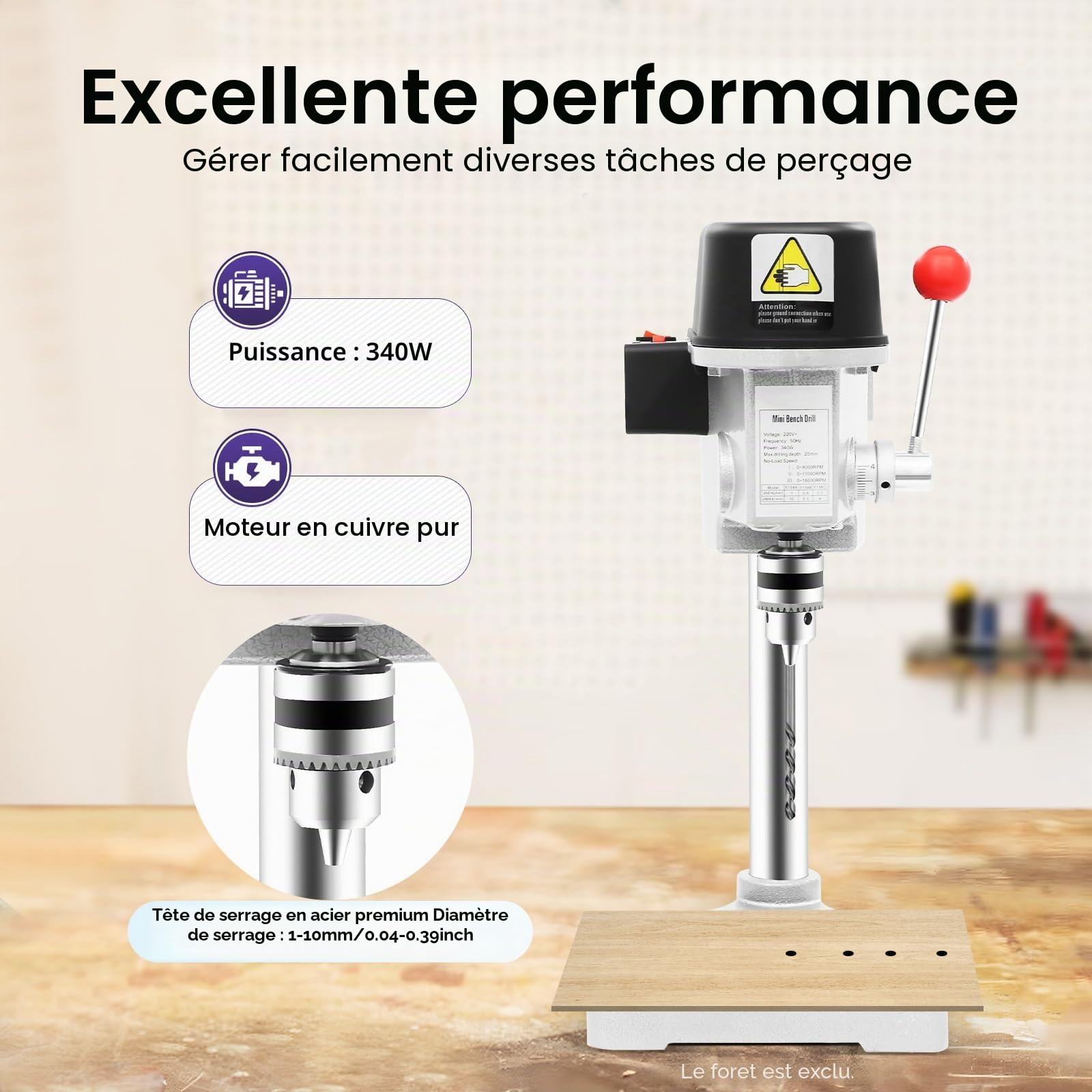 Perceuse de table professionnelle, 340 W, 3 vitesses, perceuse à colonne, bois, métal, plastique, 17 x 17 x 38 cm
