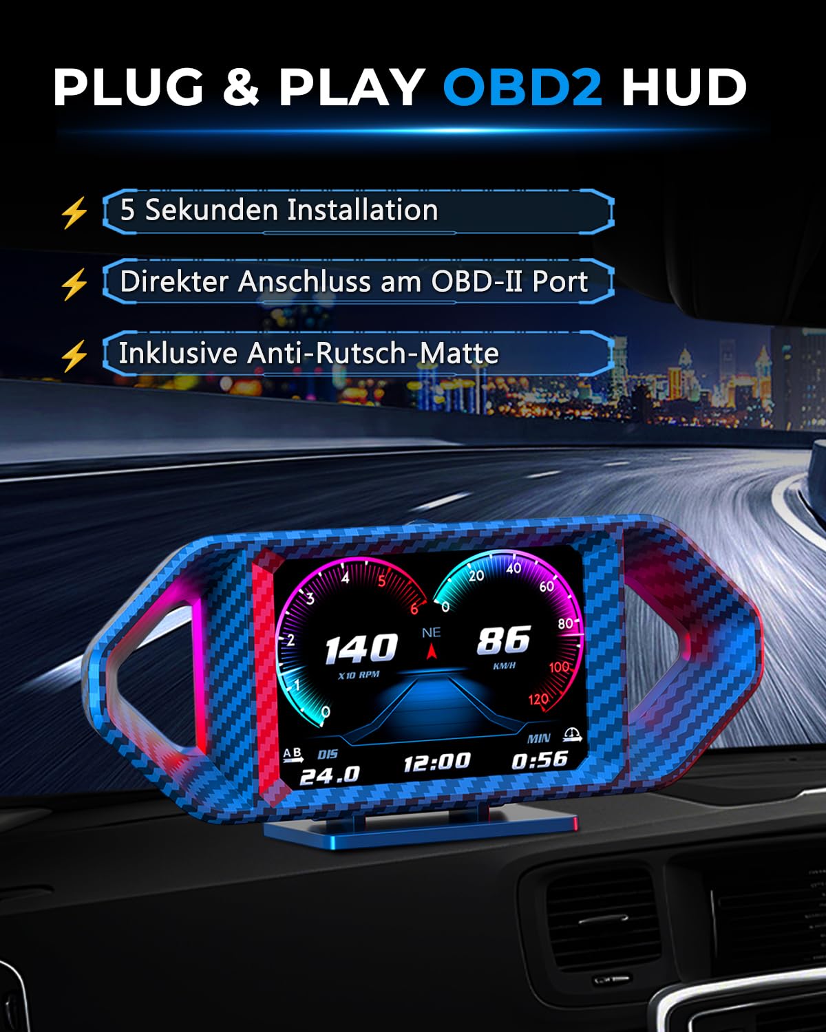 GEARMONSTER Wyświetlacz Head Up OBD2 + GPS 2-w-1 Uniwersalny samochodowy HUD Cyfrowy Tachometr z wskaźnikiem obrotów i temperatury chłodziwa, z wysokościomierzem i pomiarem nachylenia i wiele innych