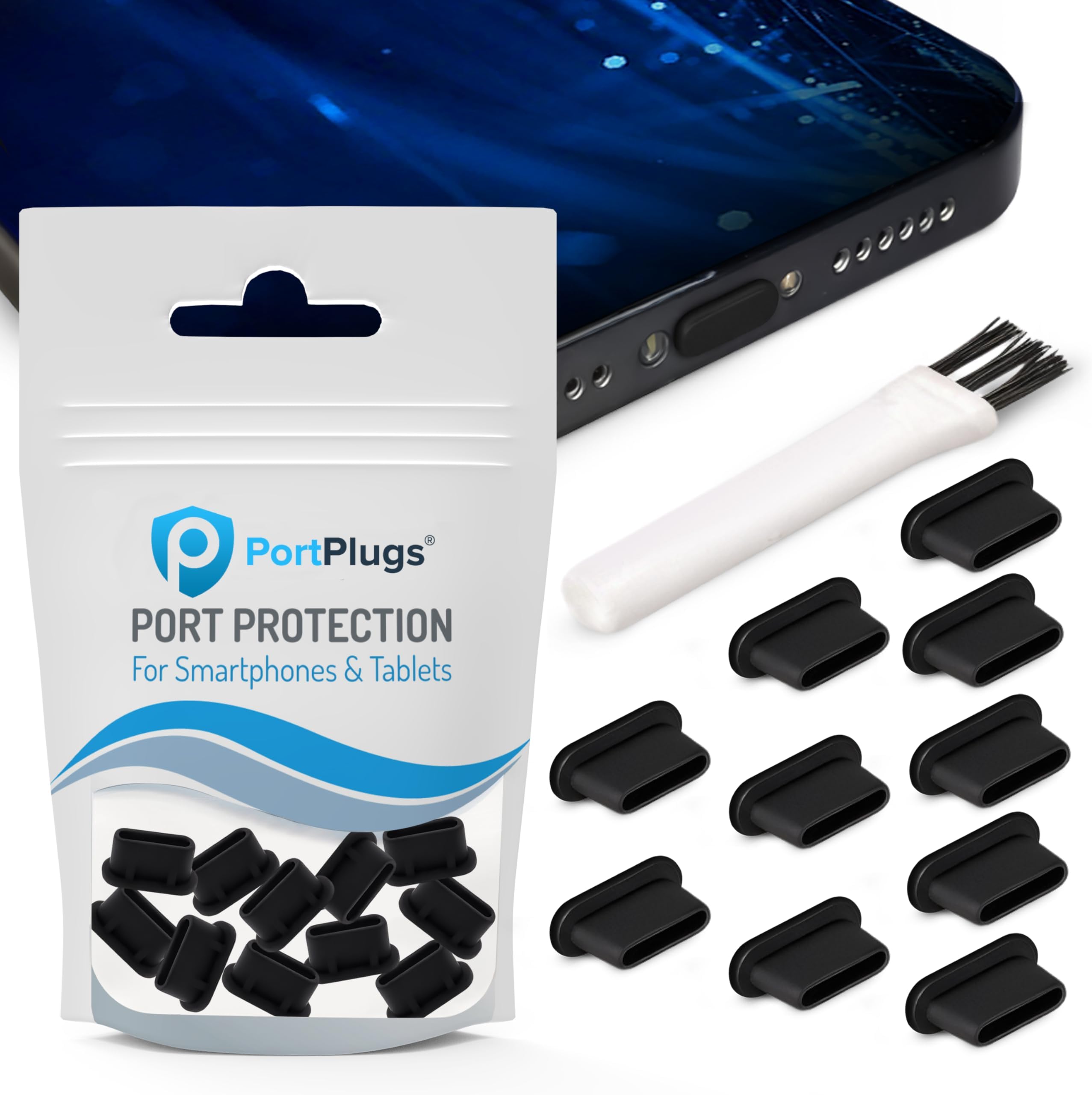 PortPlugs USB C Dust Plugs (10 Pack), Compatible with Samsung Galaxy s20, Plus, Ultra, Note 10, Pixel, MacBook, Any Type C Charging Port, Includes Cleaning Brush (Black)