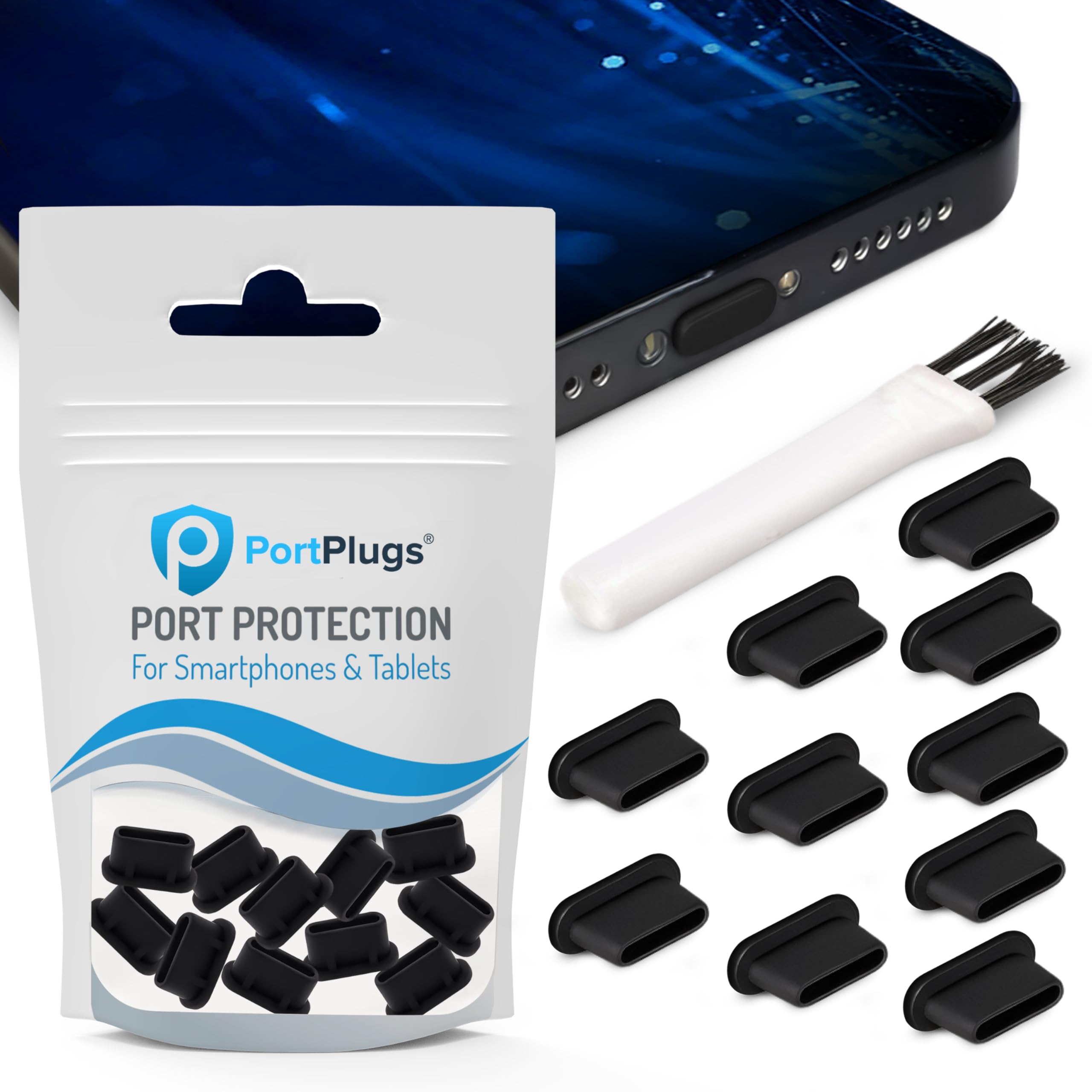 PortPlugs PortPlugs - USB C Dust Plugs, 10 Pack - Compatible with Latest Models Samsung Galaxy, Note, Pixel, MacBook, Any Type C Charging Port - Includes Cleaning Brush (Black, 10-Pack)