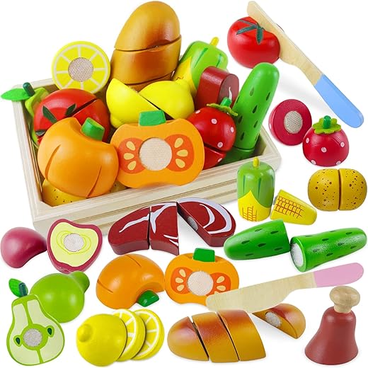 Beberolen Wooden Play Food Sets for Kids Kitchen Toddlers Wood Toys Cutting Fruit Pretend Food Play Kitchen Accessories Set for Boys and Girls