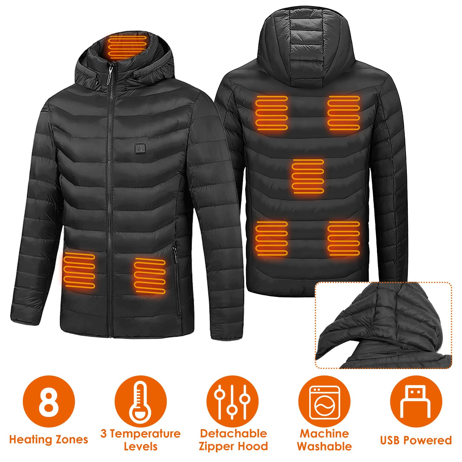 Edge by Body Code Heated Winter Jacket with 3 Heating Levels, 8 Zones, Detachable Hood