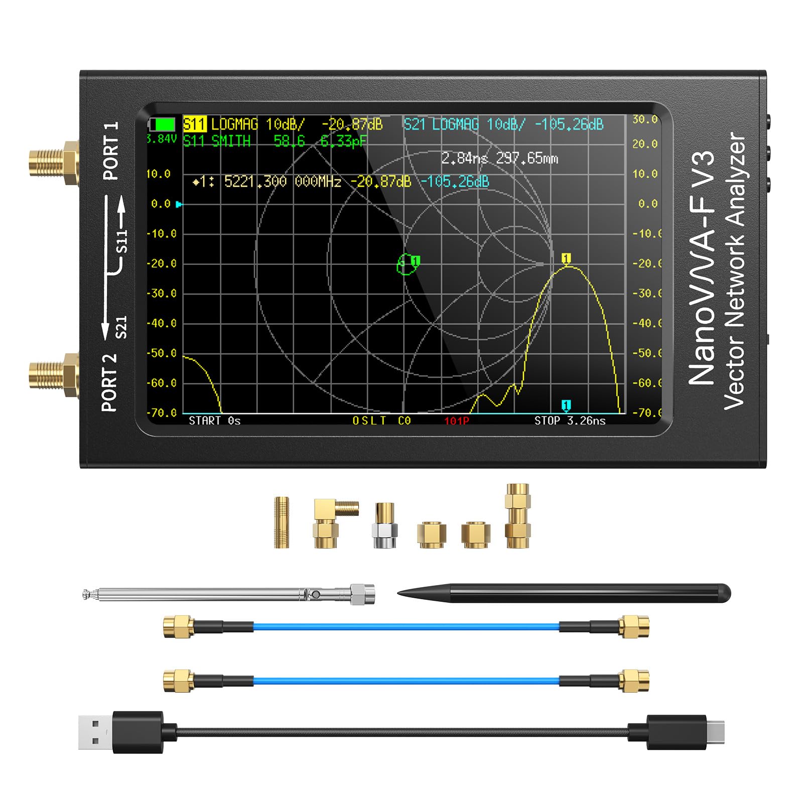 Seesii NanoVNA-F V3 Analizzatore di Antenne, 4,3 Pollici Analizzatore di Rete Vettoriale 1MHz-6GHz HF VHF UHF per Tensione dei Parametri S, SWR, Fase, Ritardo, Diagramma di Smith