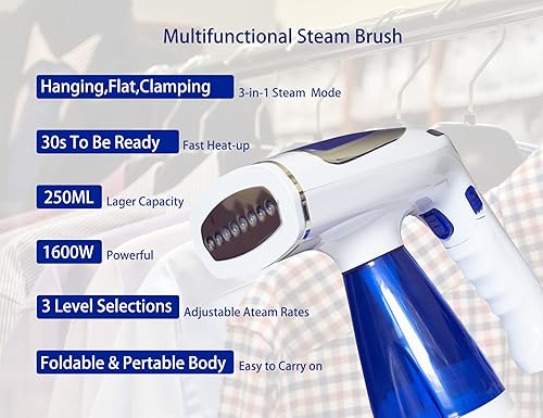 Miniatura 2 de Vaporizador plegable para ropa con tanque de agua grande de 85fl oz que es reemplazable vaporizador portátil de viaje de 1600 vatios con 3 ajustes