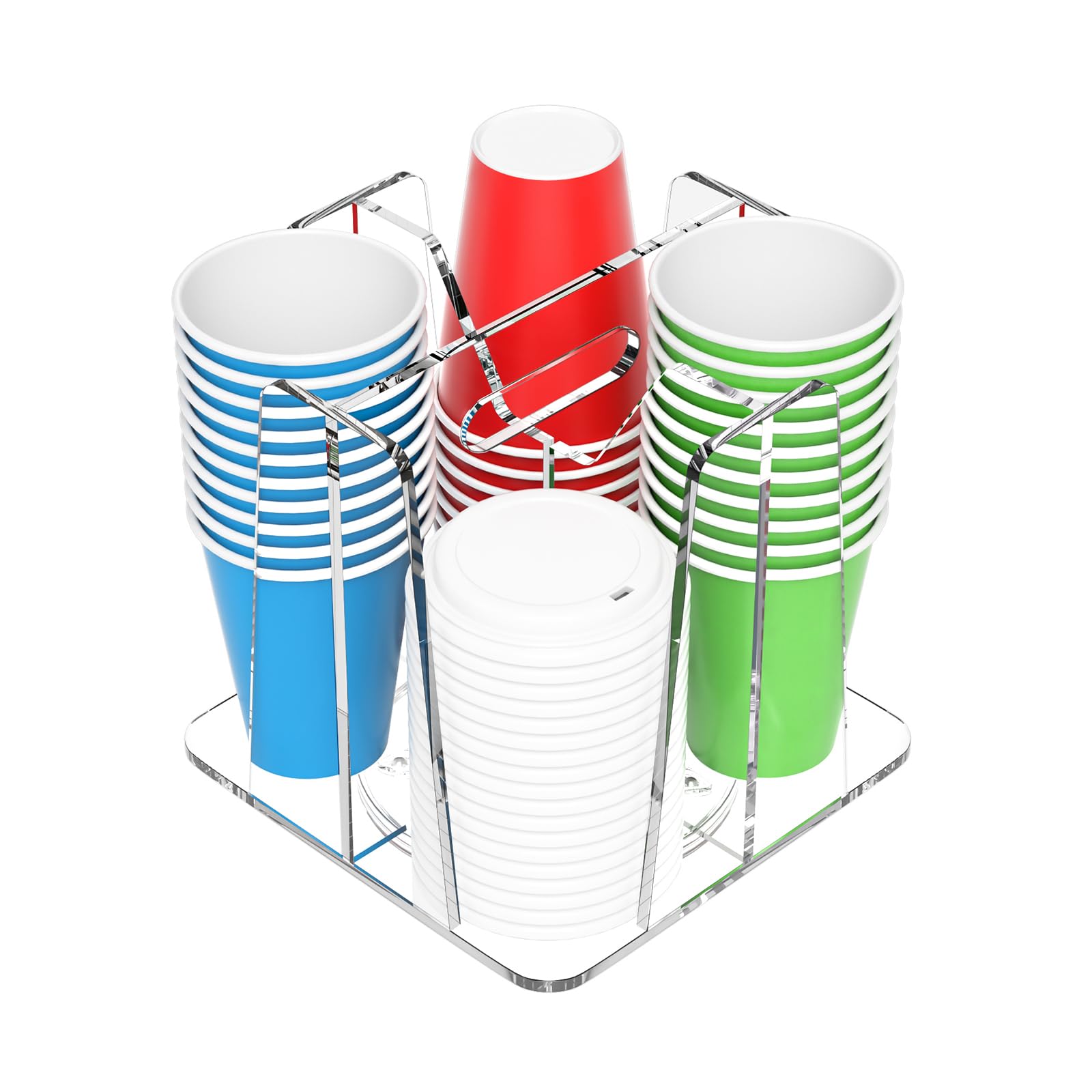 winffor coffee cup holder for countertop - 4 compartments clear rotating disposable cup organizer plastic cup storage lid carousel coffee bar accesories for restaurant breakroom kitchen cabinet