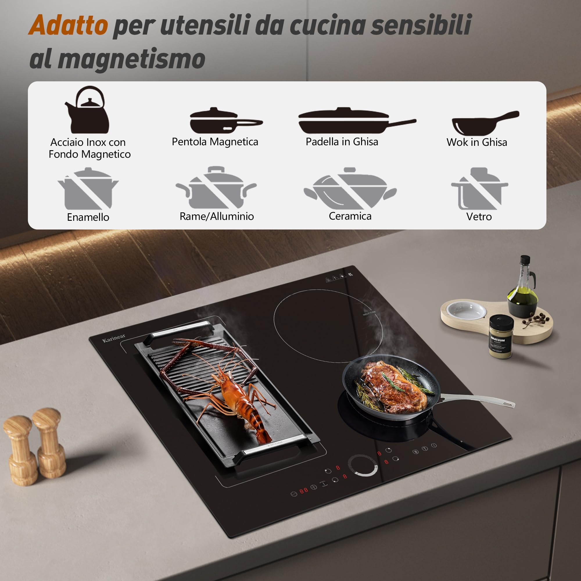 Karinear Piano Cottura a Induzione 4 Fuochi, 7200W Piano Cottura Elettrico Incasso Doppia Zona Flexi di Toccare, 60cm Premium Piastra a Induzione Cablaggio, Timer, Booster, Blocco di Sicurezza - 5