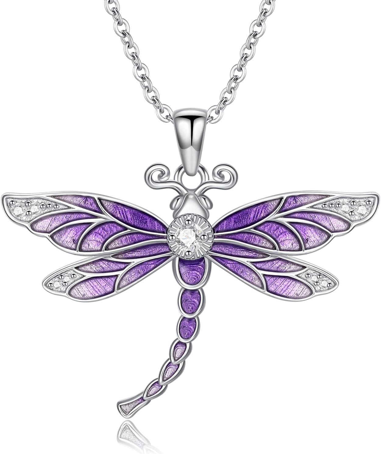 Diamond Dragonfly Necklace for Women 925 Sterling Silver Purple Dragonfly Pendant Necklaces with Lab Grown Diamonds Jewelry Gifts