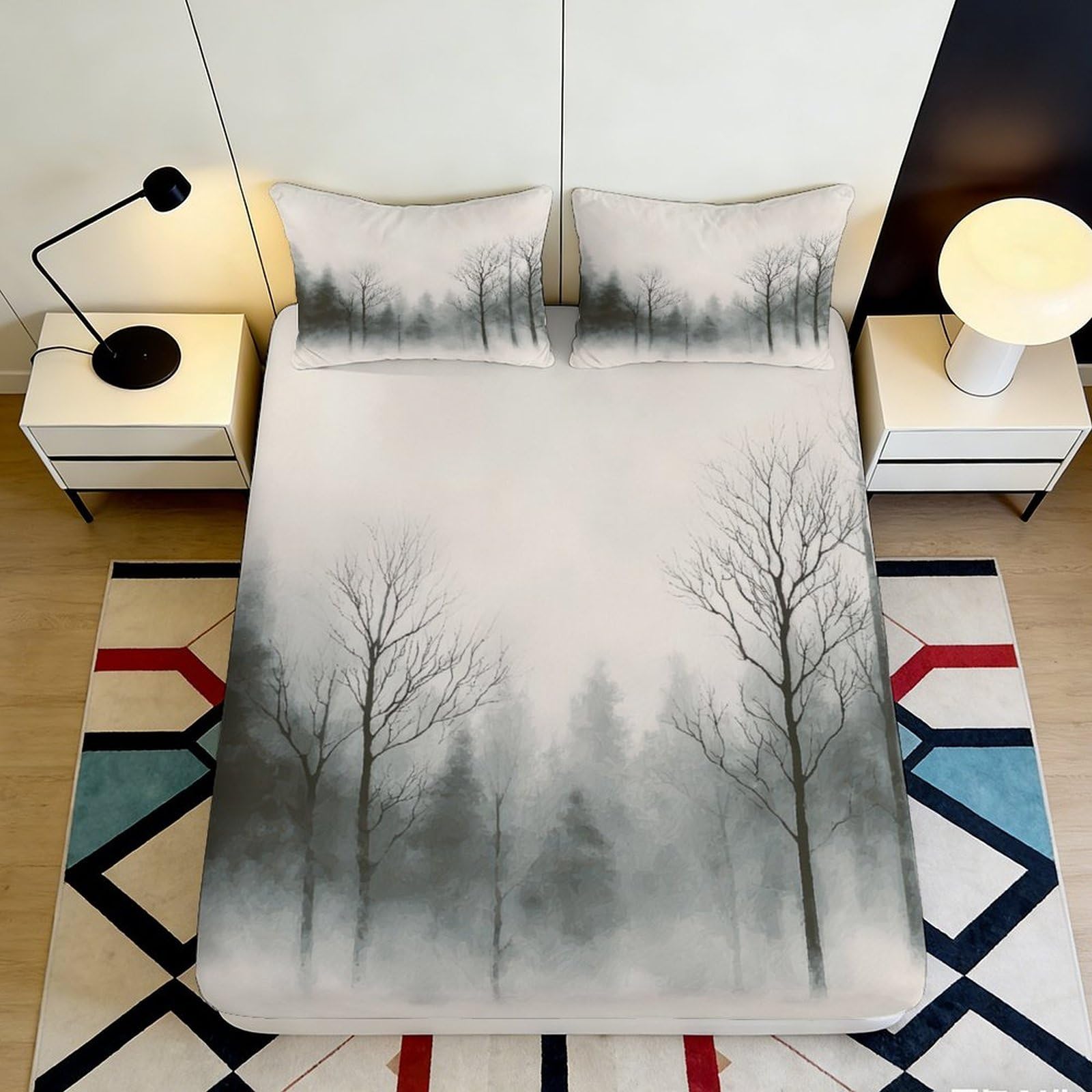 3D Printed Misty Trees Fitted Sheet Microfiber Soft Breathable Foggy Forest Bed Cover for Bedroom Dormitory Guest Room Mattress Protection Decor 160x200x25cm